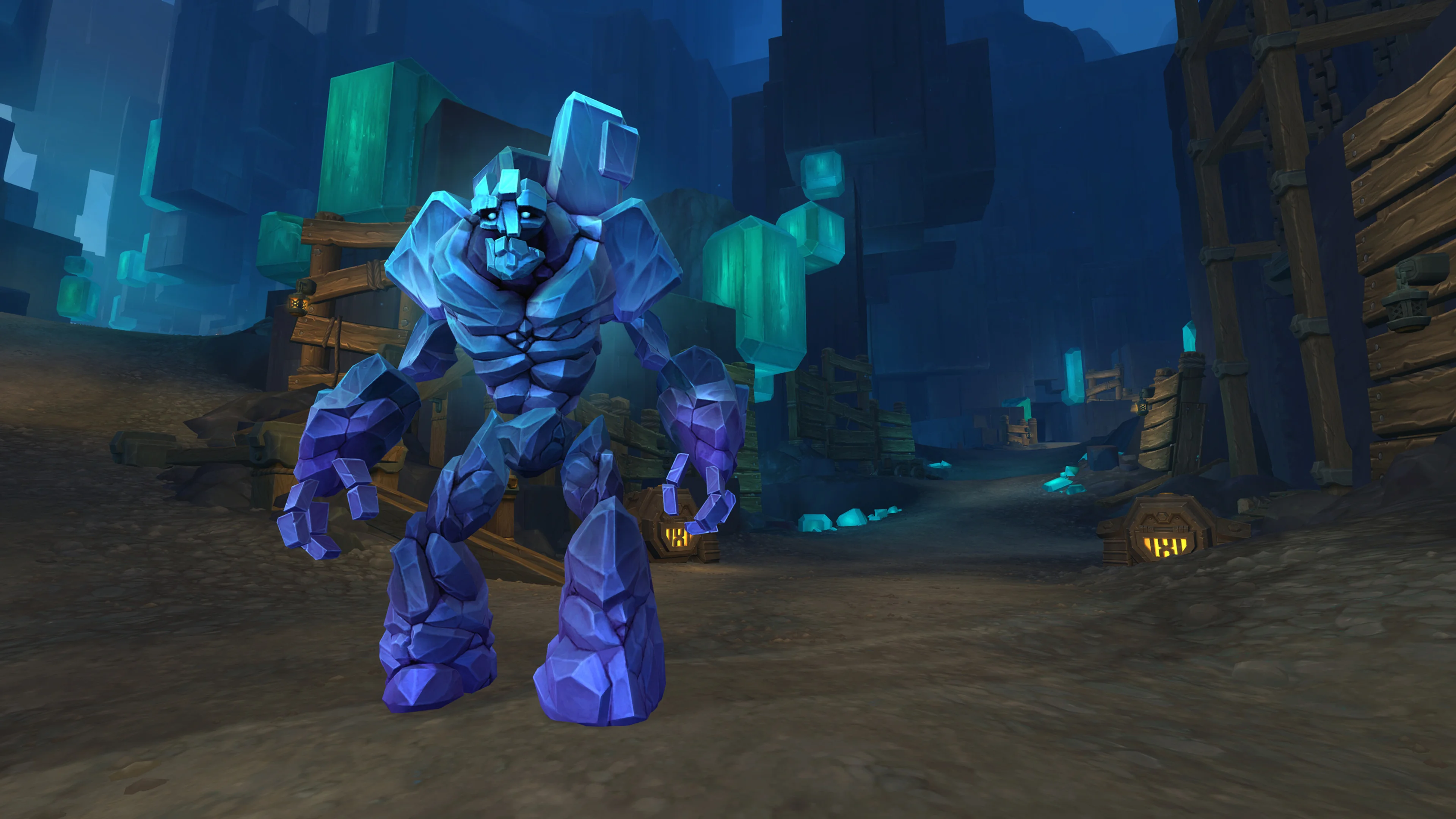 A large blue stone creature stands inside a crystal cavern in WoW Midnight: Eclipse.