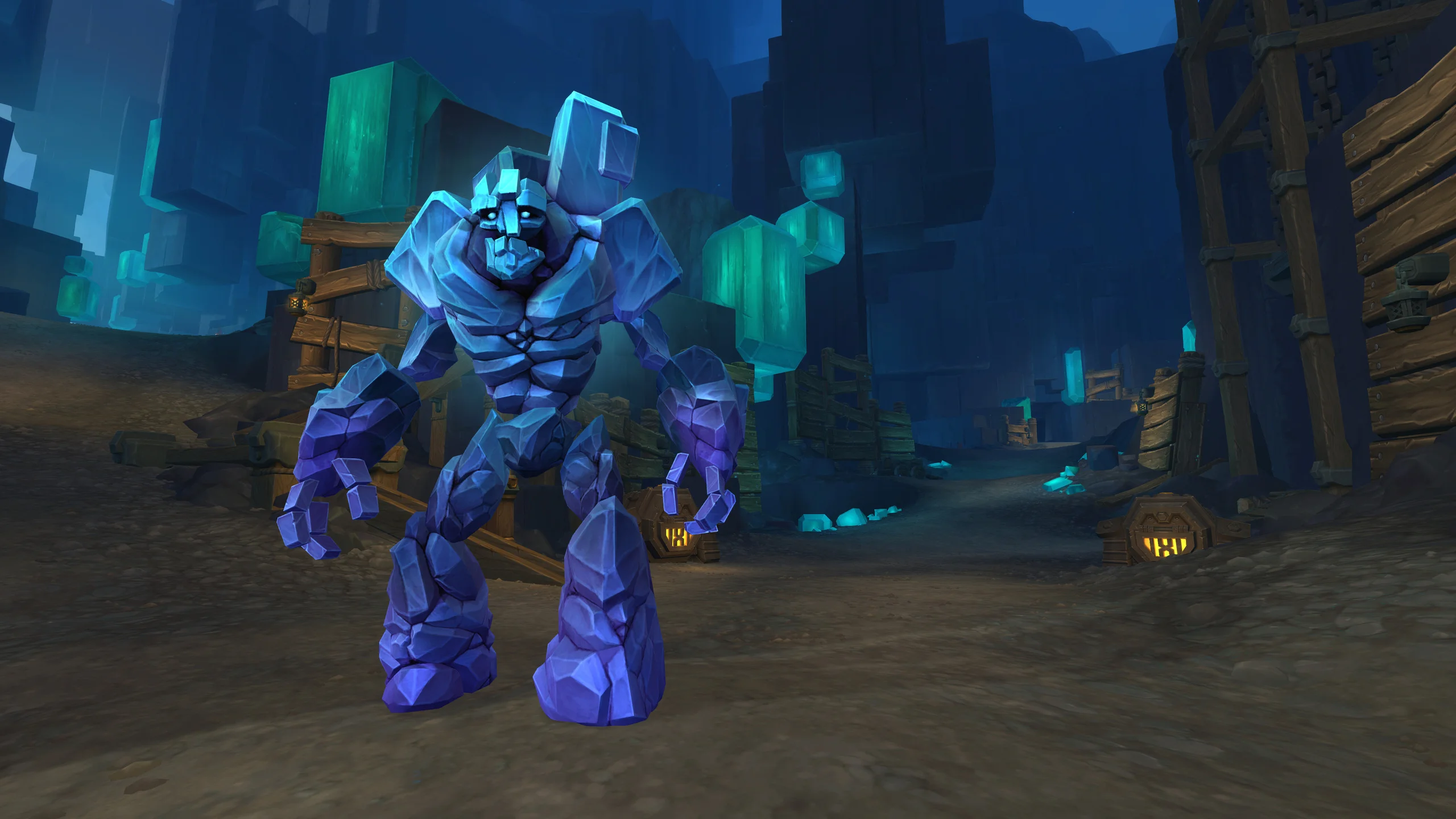 A large blue stone creature stands inside a crystal cavern in WoW Midnight: Eclipse.
