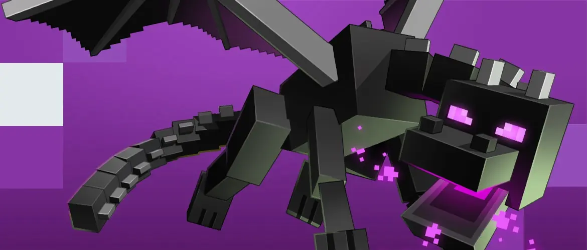 The Minecraft Ender Dragon flying toward the camera against a purple background.