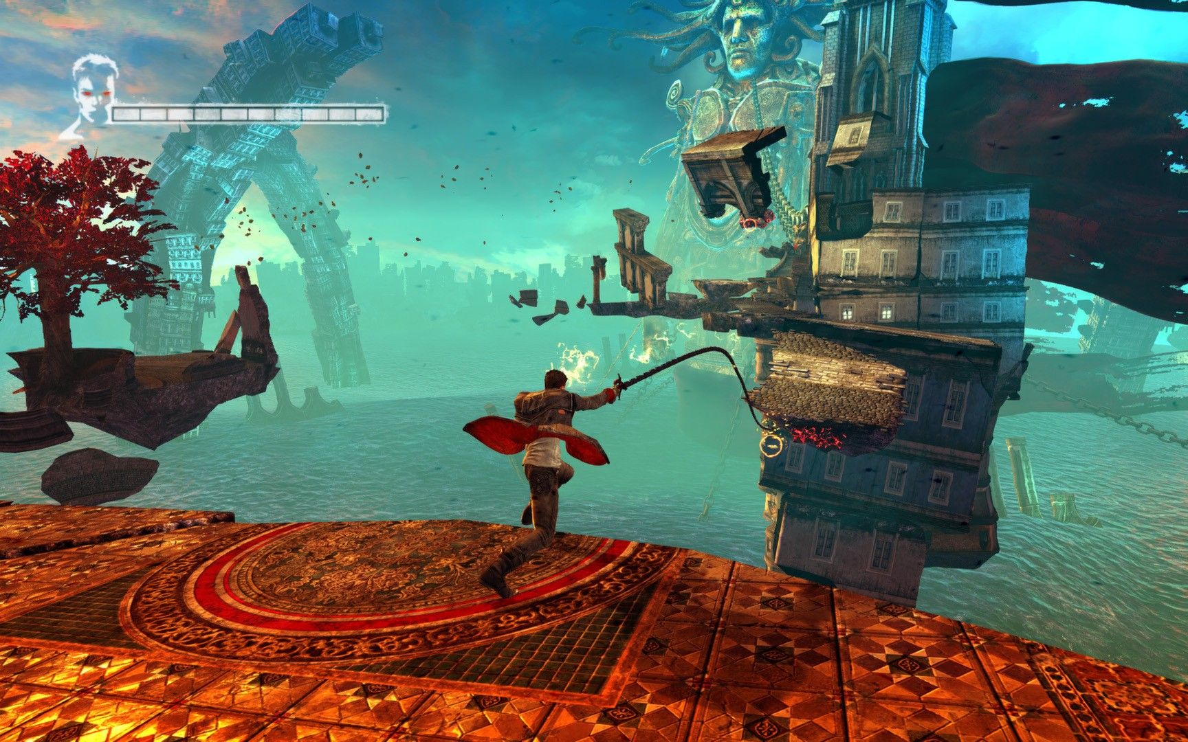Dante moves across a broken outdoor platform in a blue-green part of Limbo.