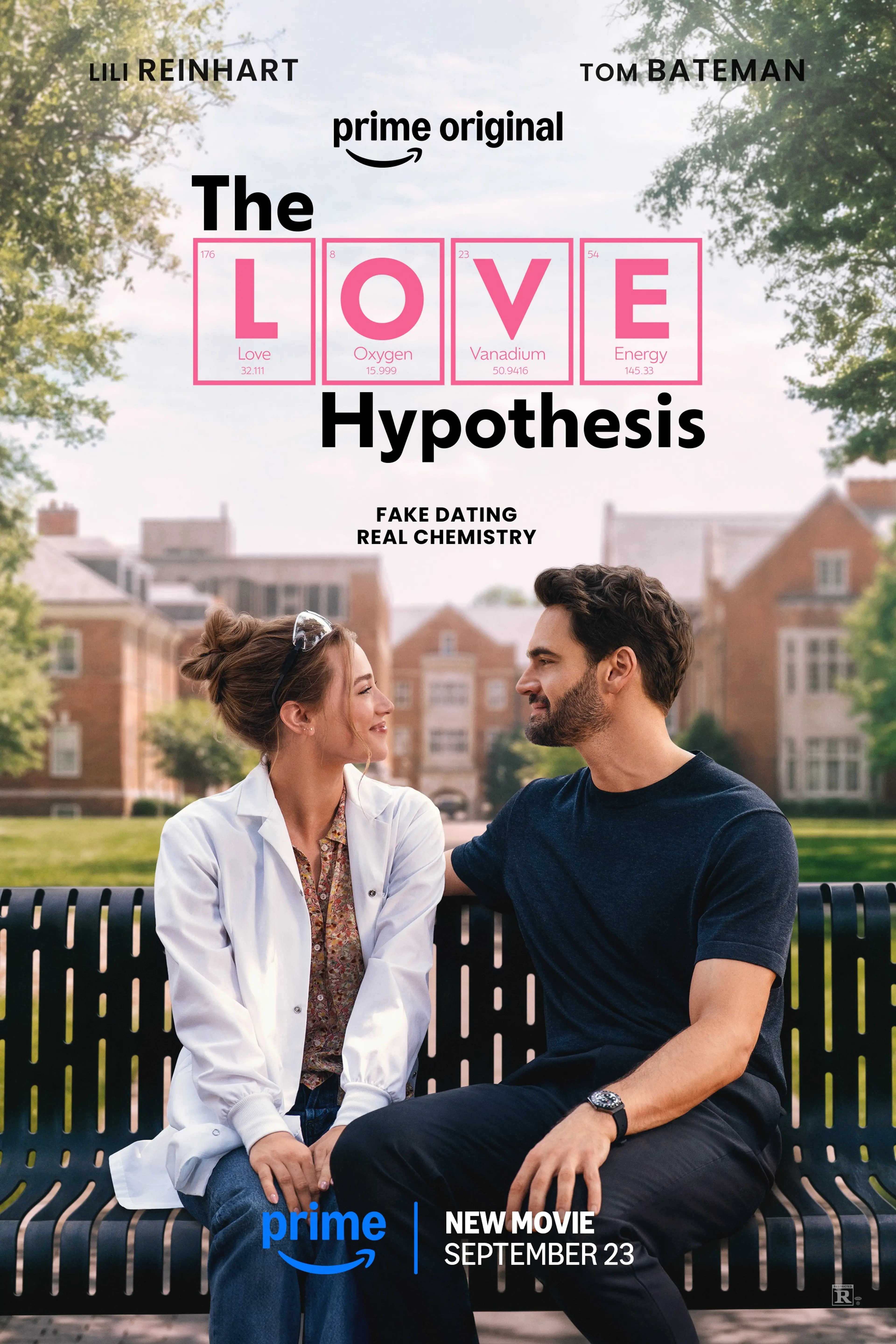 Official The Love Hypothesis poster featuring Lili Reinhart and Tom Bateman seated on a campus bench.