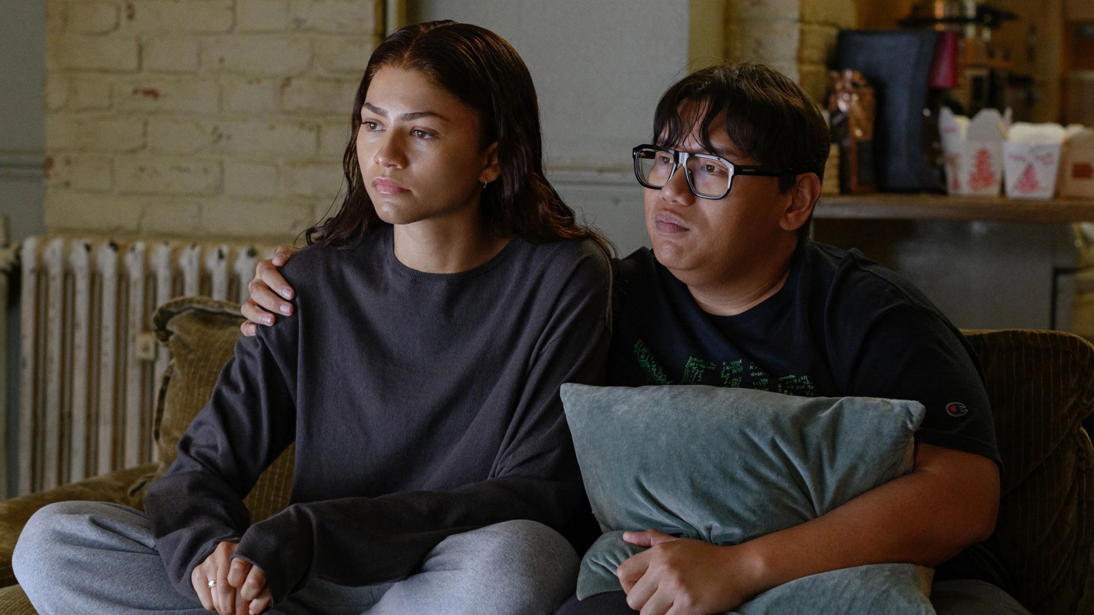 Zendaya as MJ sits beside Jacob Batalon as Ned in Spider-Man: Brand New Day.