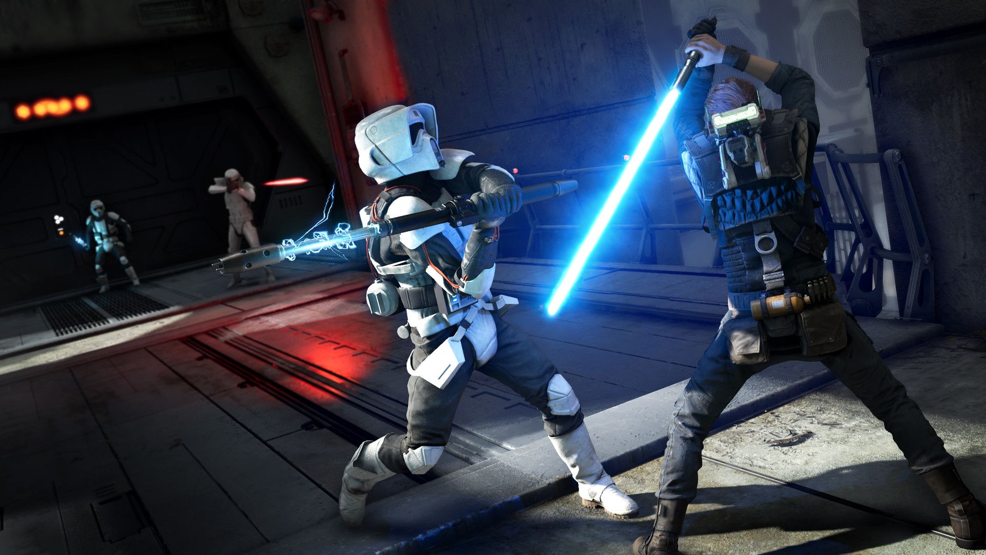 Cal blocks a stormtrooper with his blue lightsaber inside an Imperial facility.