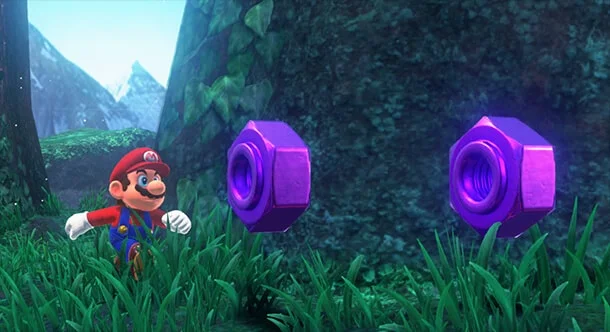 Mario stands beside a set of purple ring-shaped regional coins growing from a grassy wall.