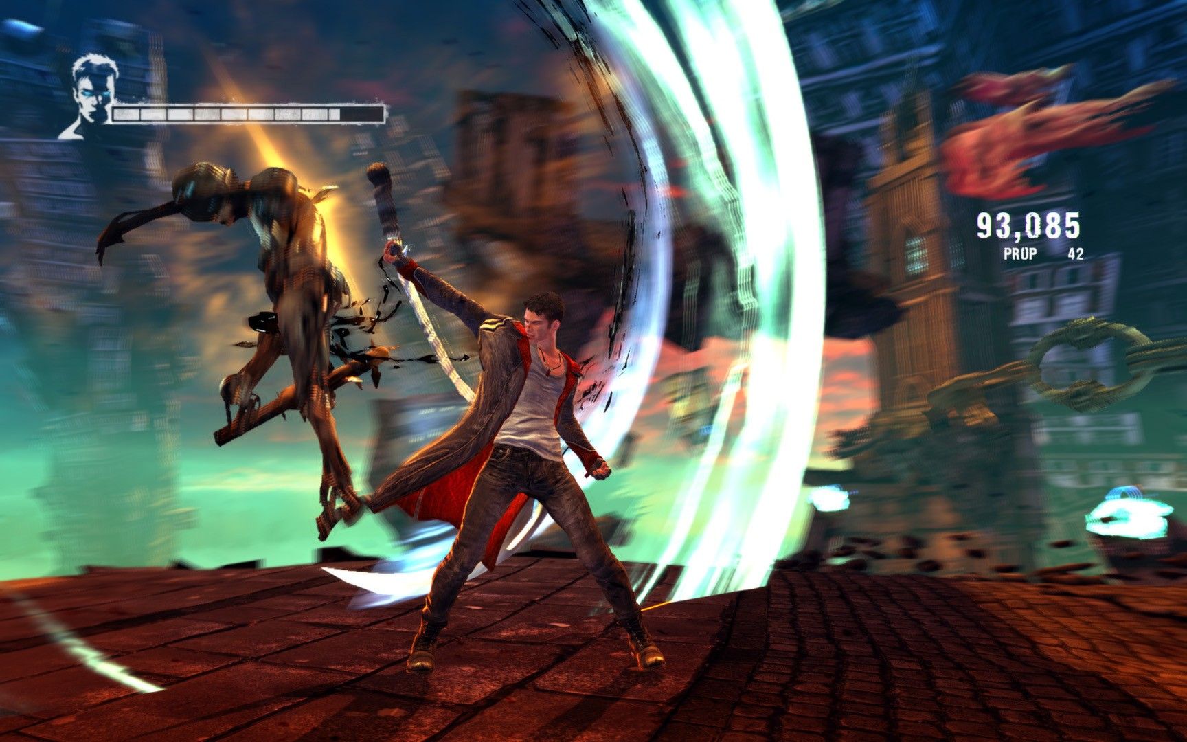 Dante strikes a demon with a sweeping blue weapon effect in a city street.