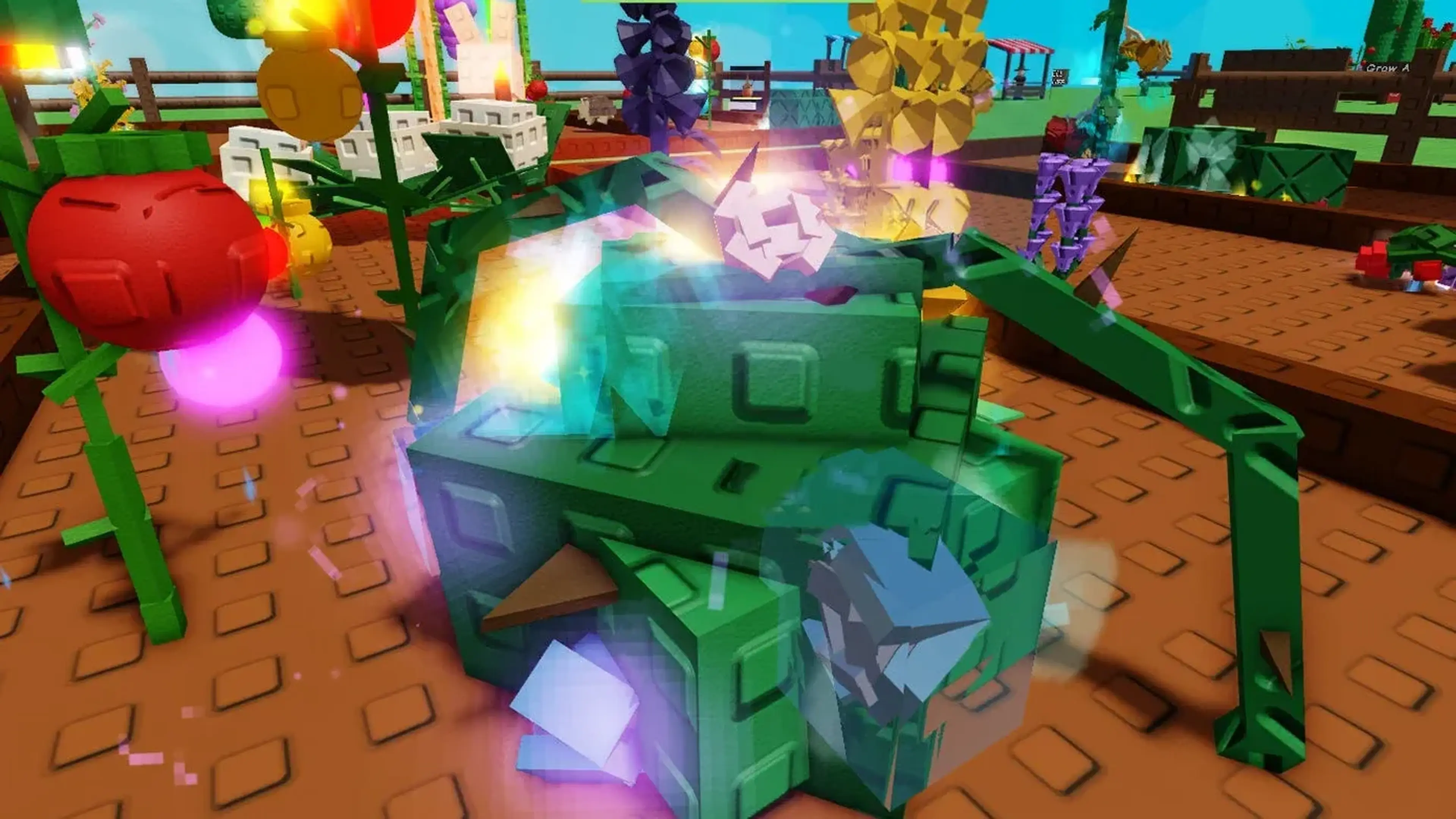 A large mutated crop centered in a Grow a Garden 2 plot with colored effects around it.