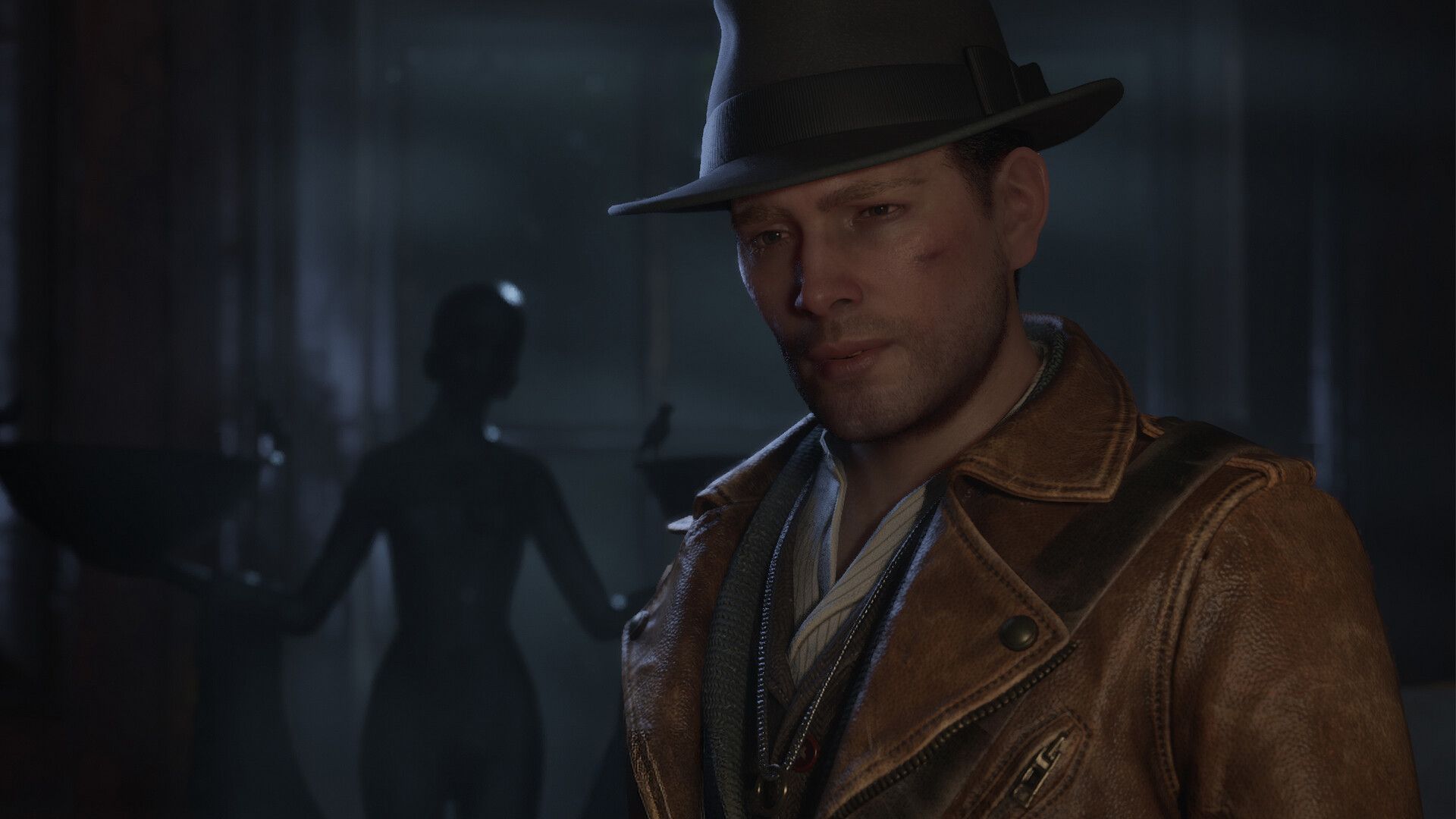 A close-up shows a fedora-wearing investigator with a scarred face in a dark interior in The Sinking City 2.