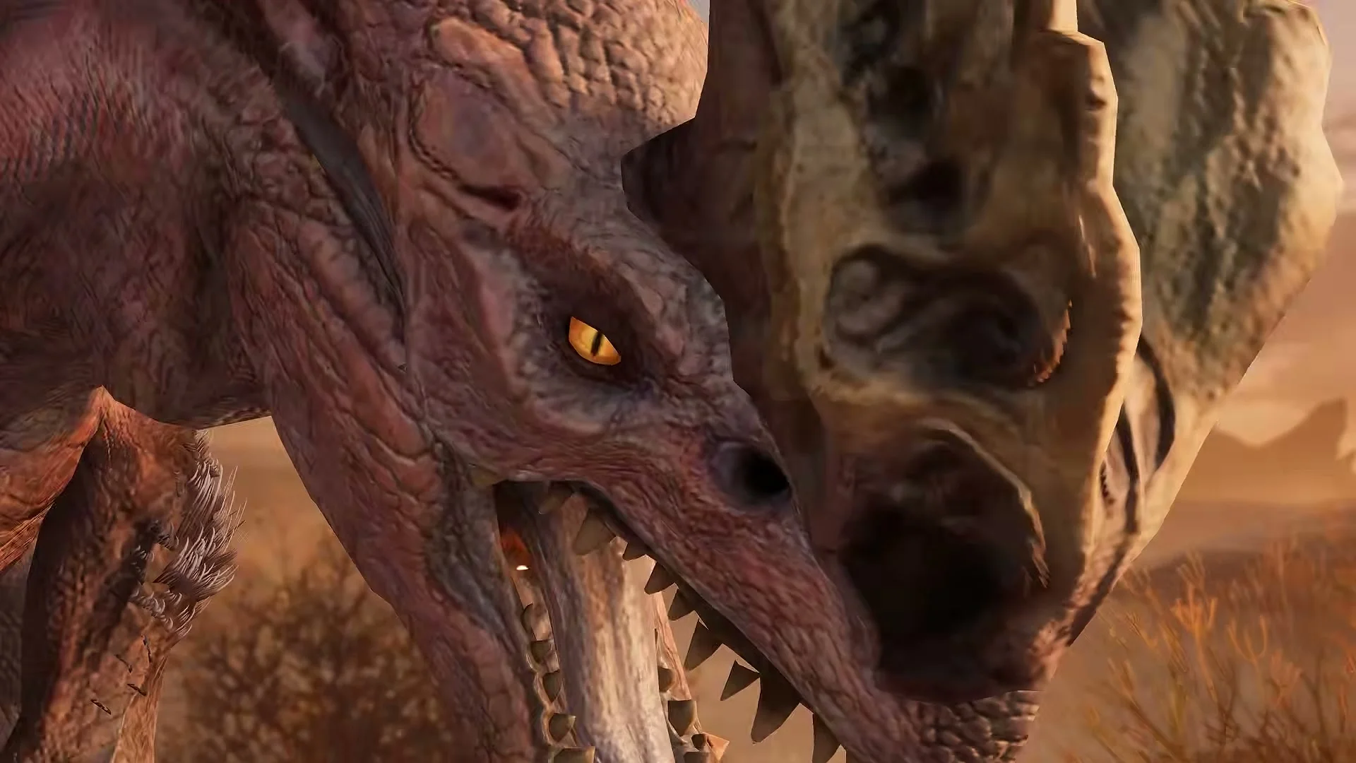 Two large monsters clash in close-up in Monster Hunter Outlanders.