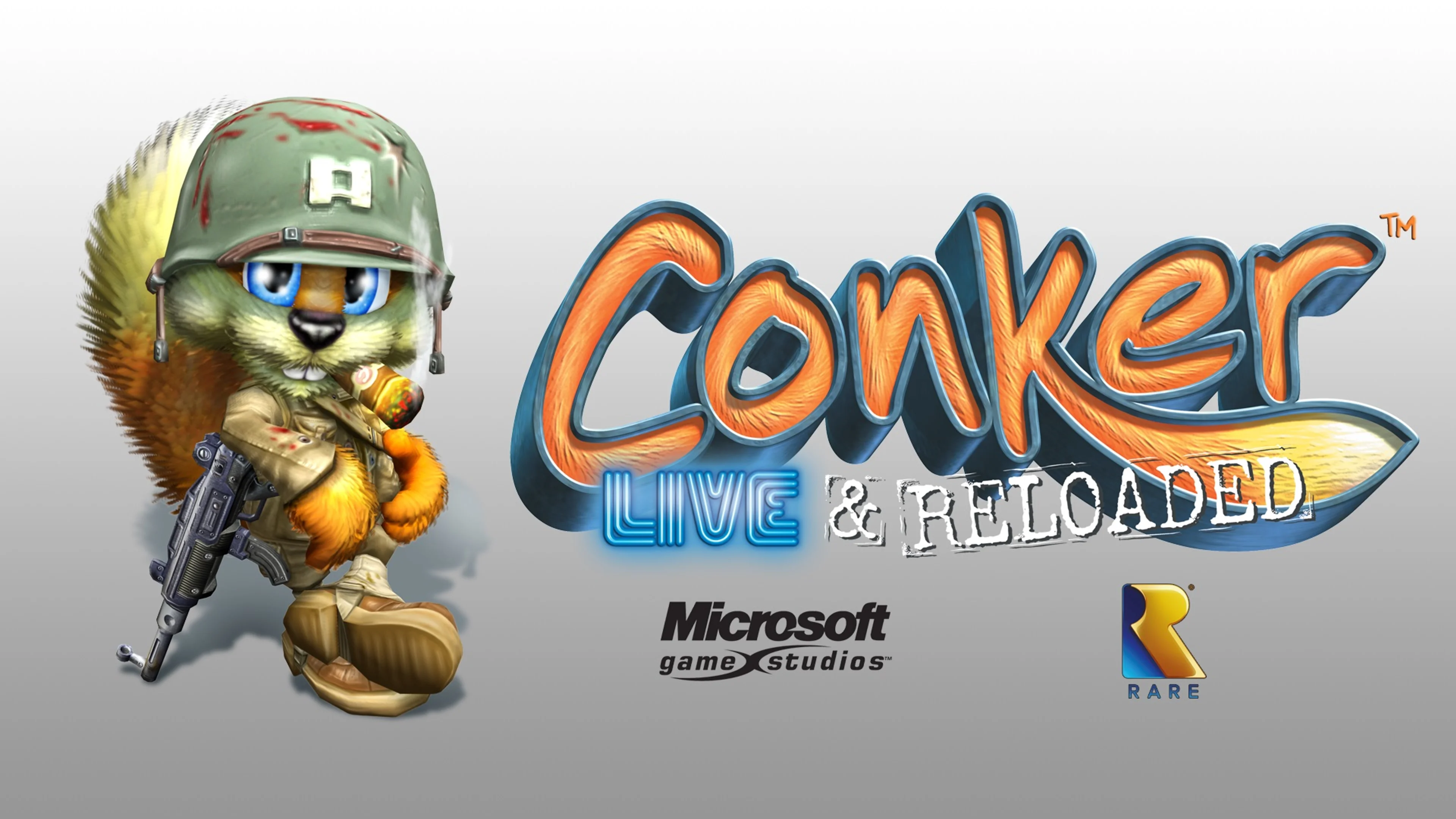 Conker poses with a weapon beside the Conker: Live & Reloaded logo in official game art.