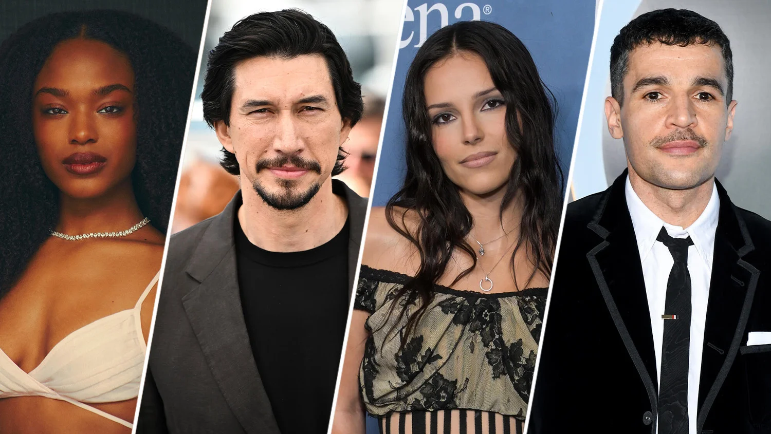 A four-person collage shows Maya Boyd, Adam Driver, Inde Navarrette, and Christopher Abbott.