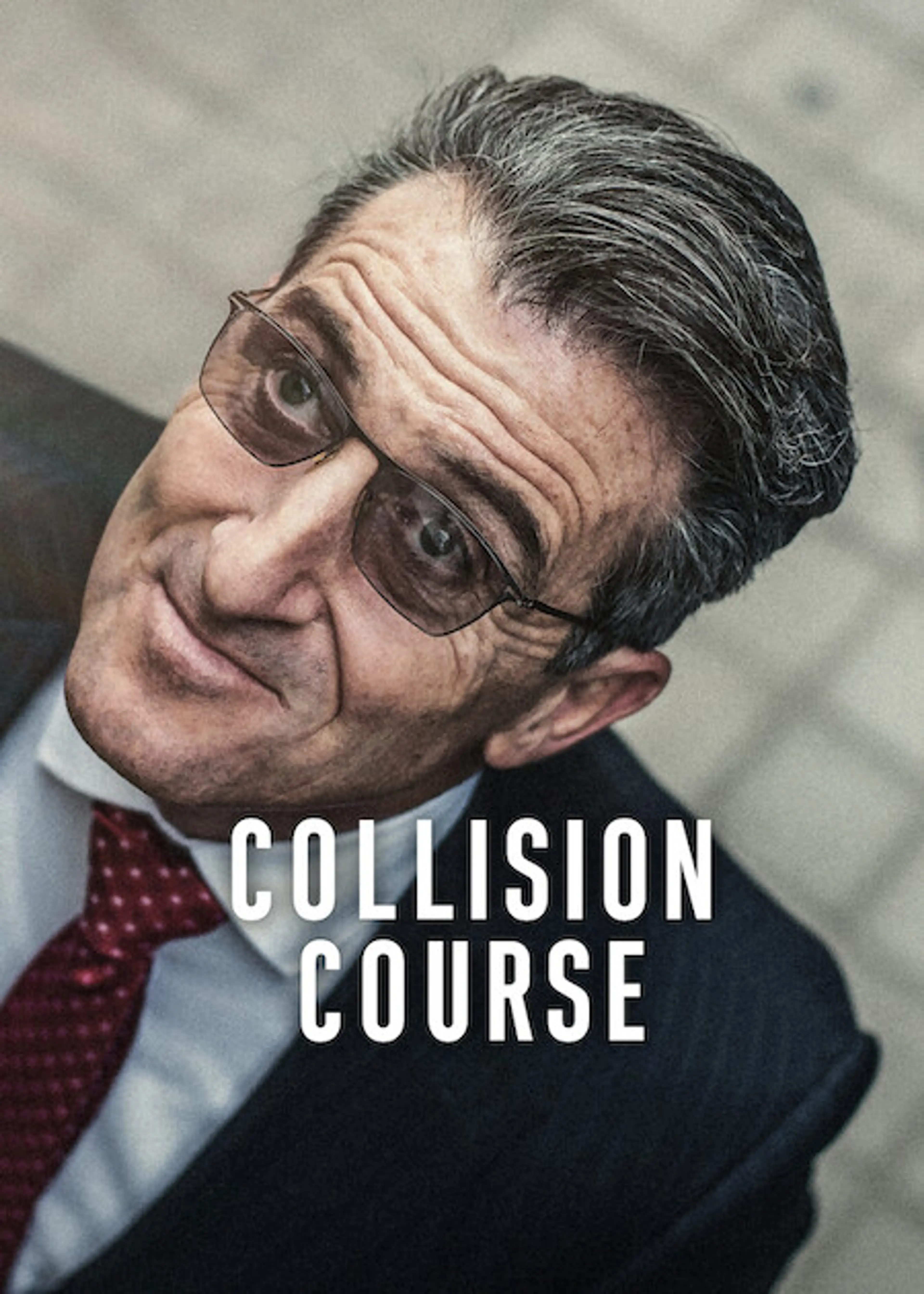 Official English-language Collision Course poster showing a bespectacled man looking upward, with the film title in white.