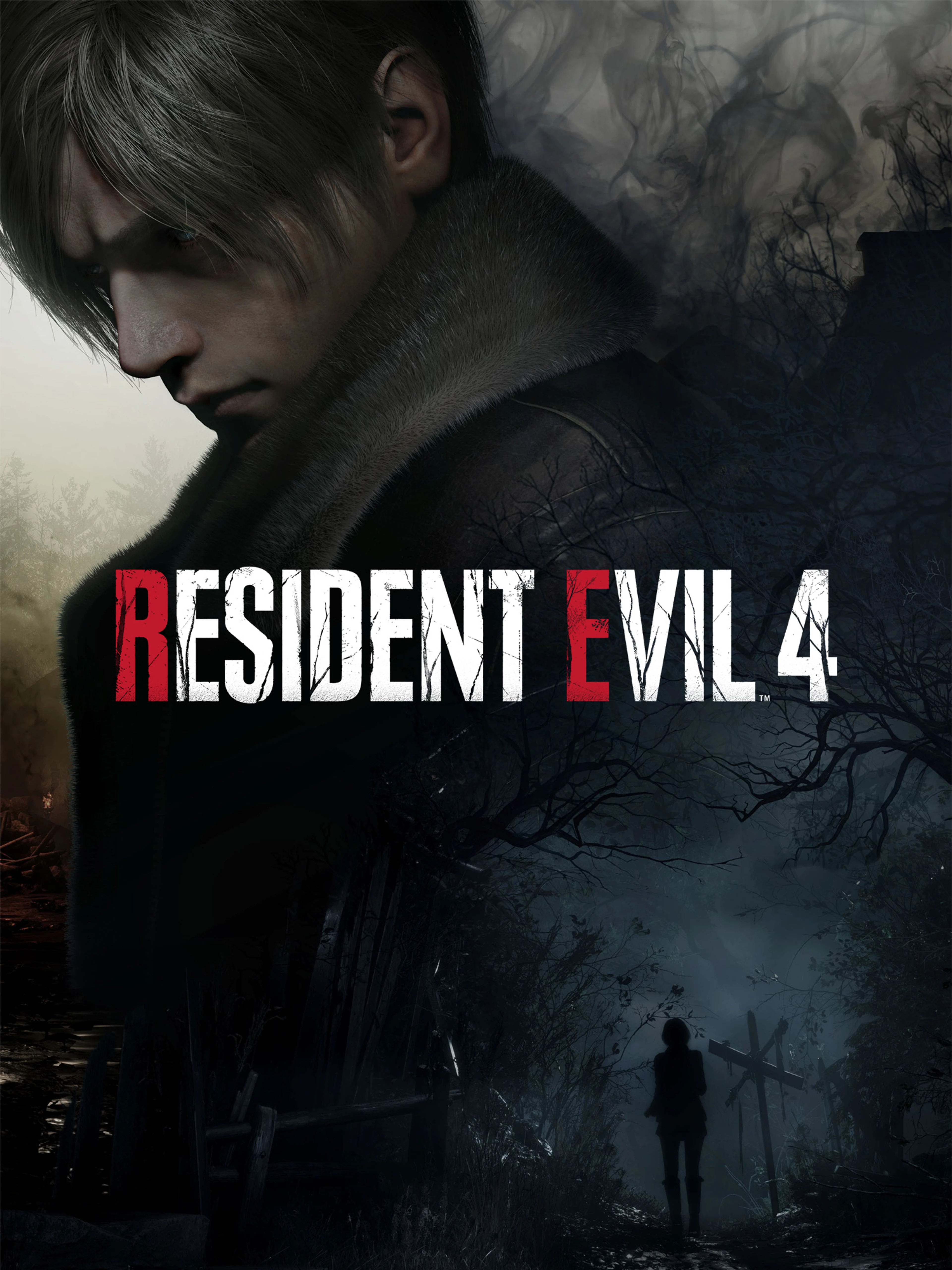 Official Resident Evil 4 remake cover with Leon in shadow and the game logo.