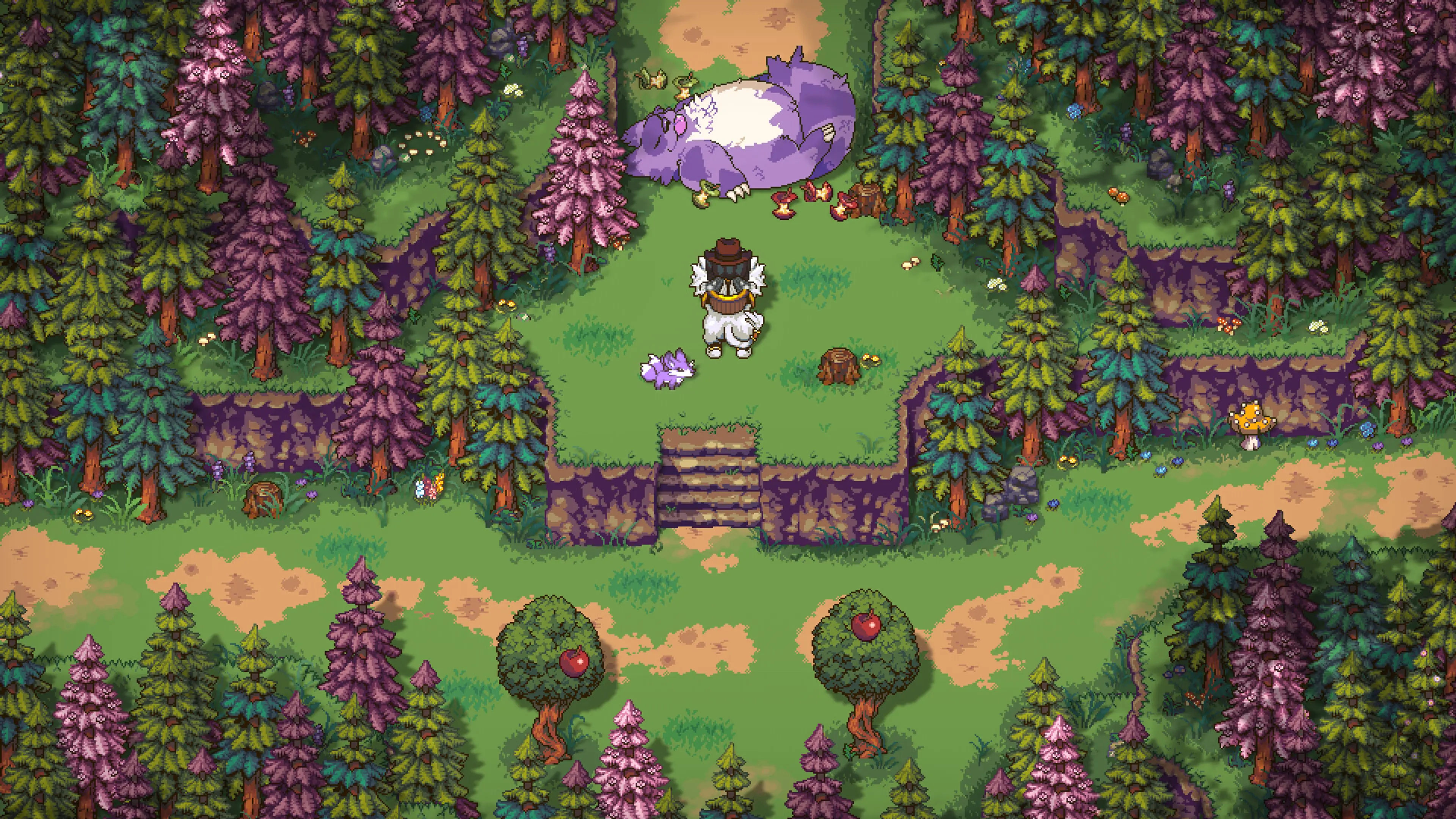 A purple creature in a wooded Sun Haven clearing.