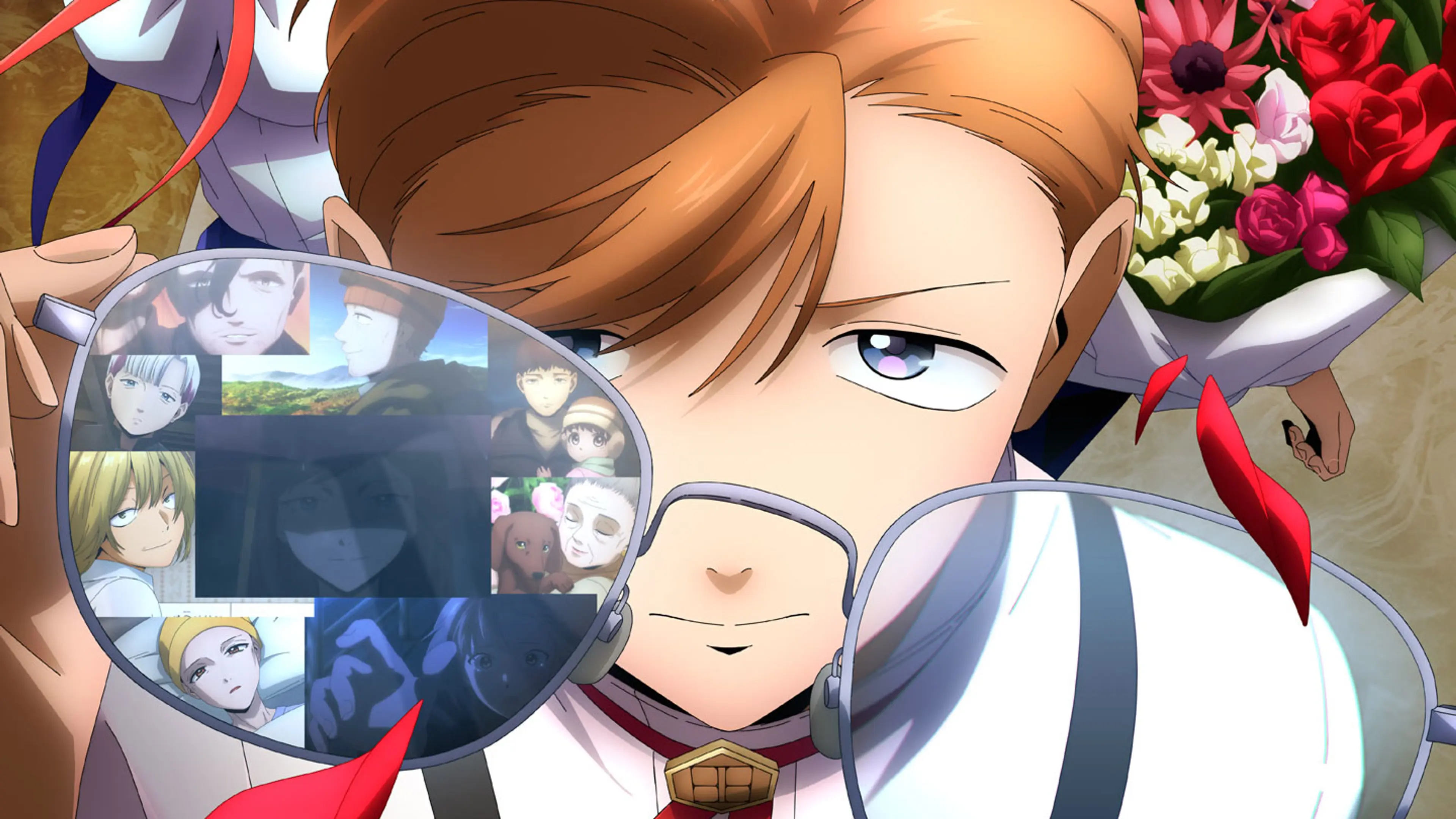 Ikuro Hoshi adjusts his glasses as past hotel guests appear in the lenses.