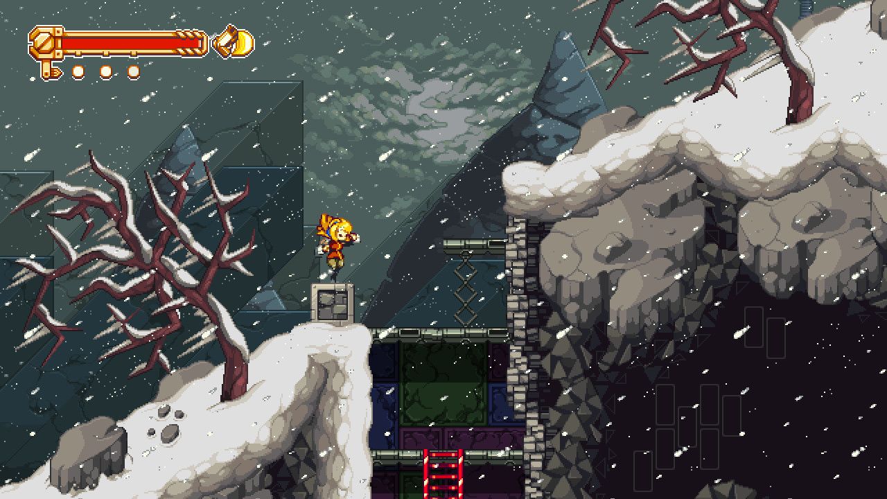 Robin stands beside a small platform and a metal mechanism in a snowy area, showing the side-view exploration.