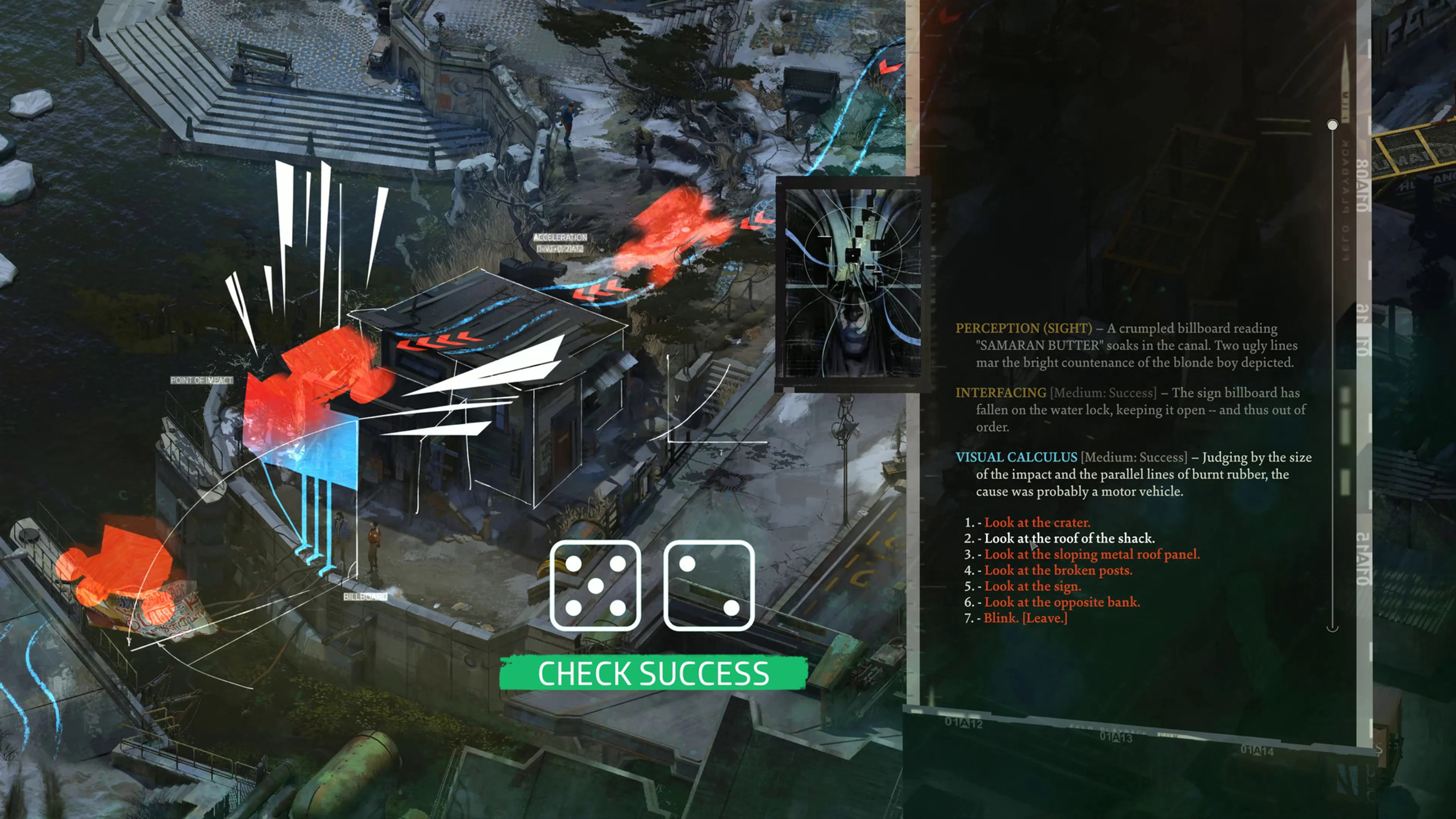 Official Disco Elysium screenshot showing a green Check Success banner and dice beside a Visual Calculus explanation in the dialogue panel.