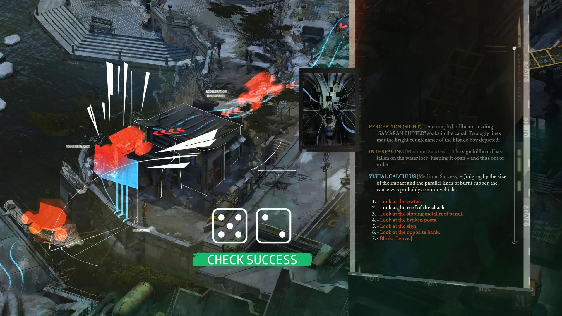 Official Disco Elysium screenshot showing a green Check Success banner and dice beside a Visual Calculus explanation in the dialogue panel.