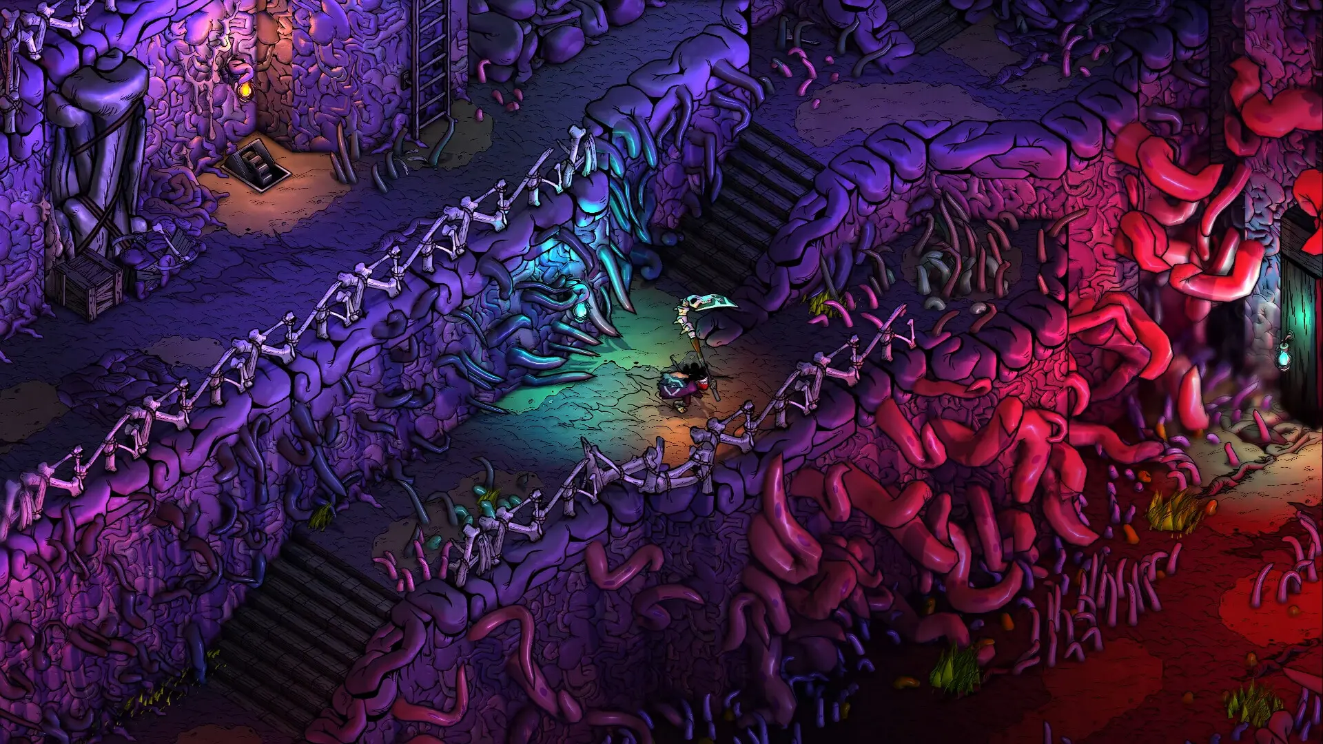 A lone fighter faces a wall of skeletal creatures in Blighted.