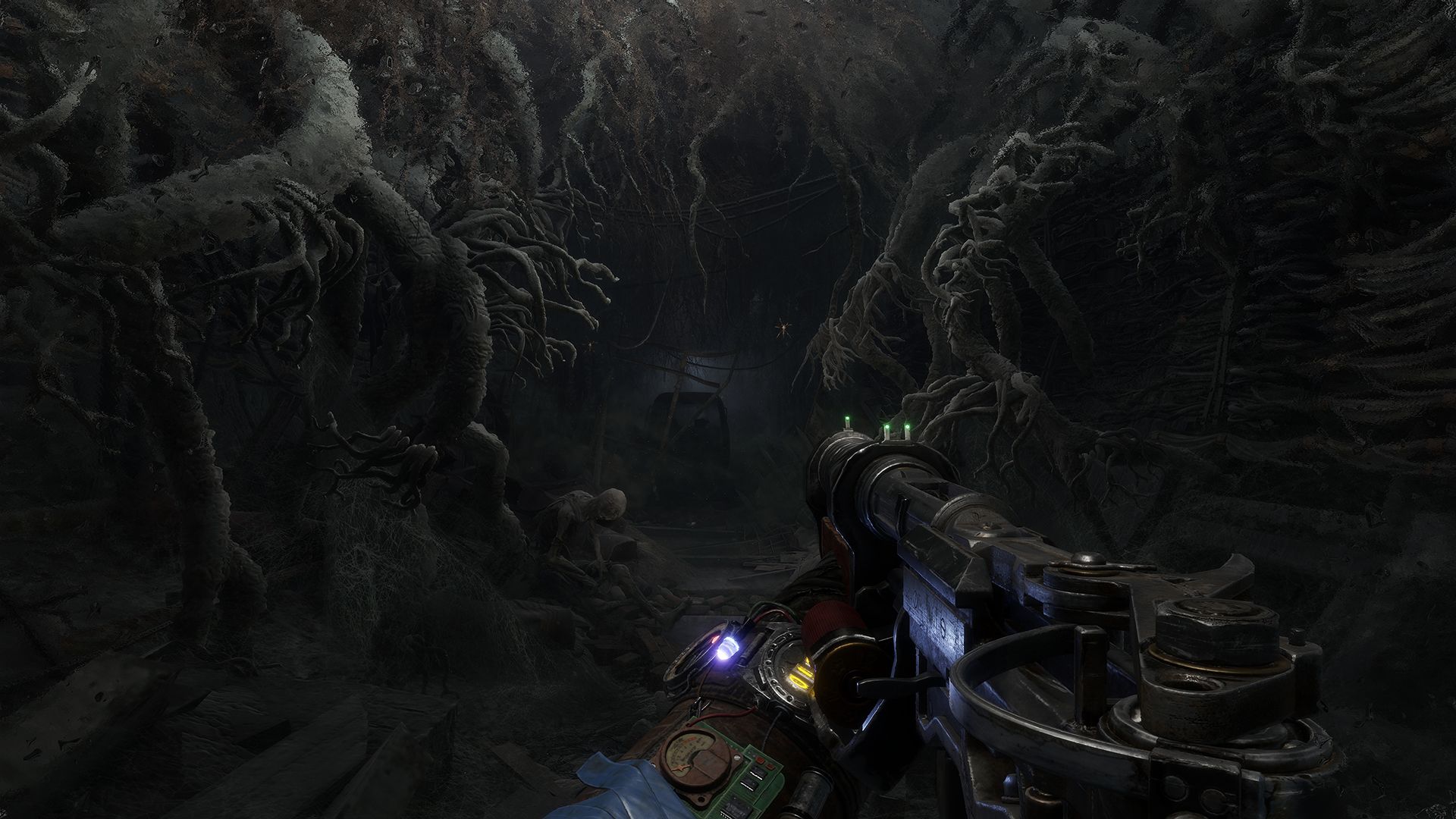 A first-person view of a gun and a creature in a dark tunnel shows the close encounters alongside outdoor exploration.