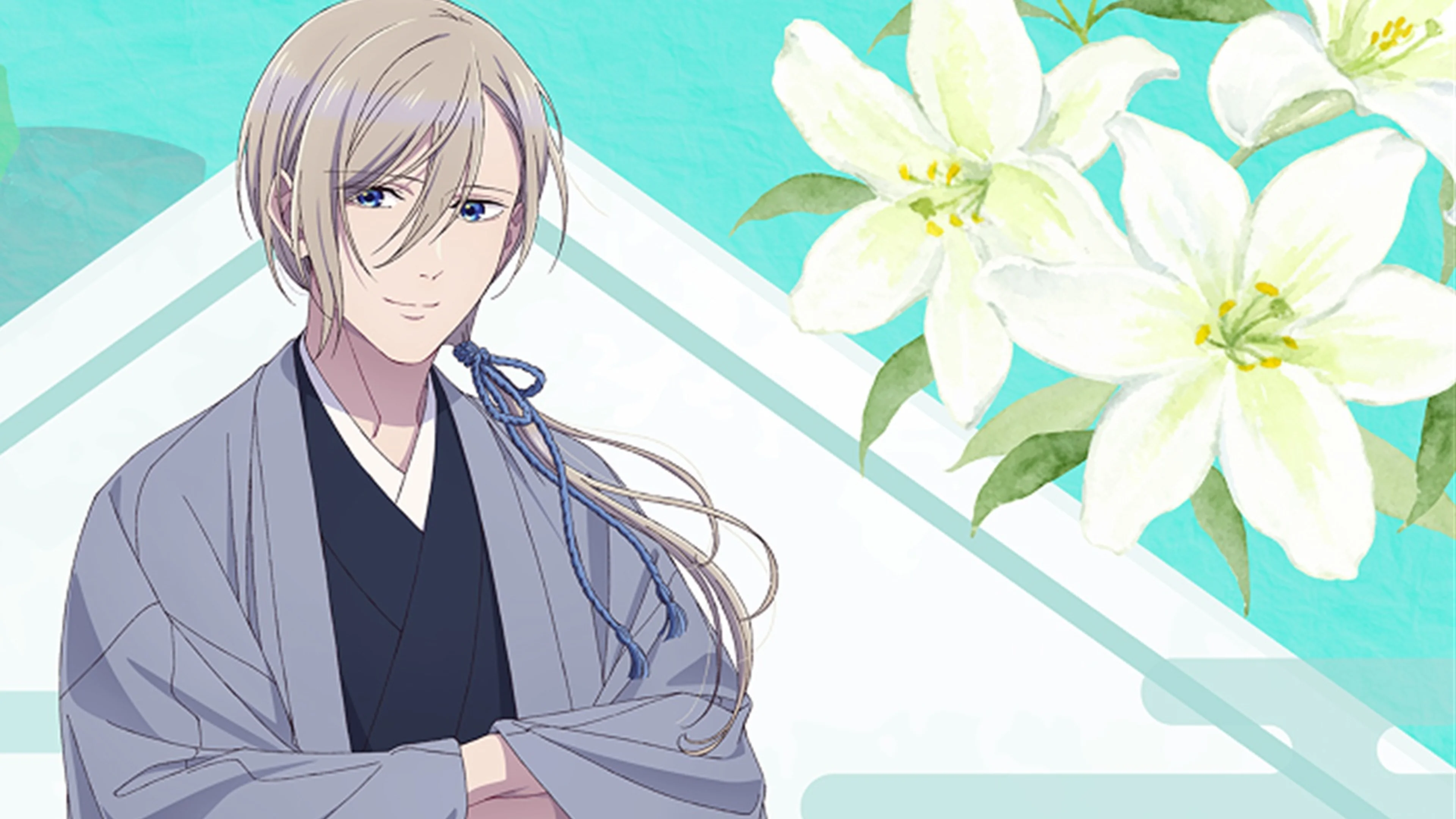 Kiyoka Kudo stands in official My Happy Marriage artwork against a bright turquoise floral background.