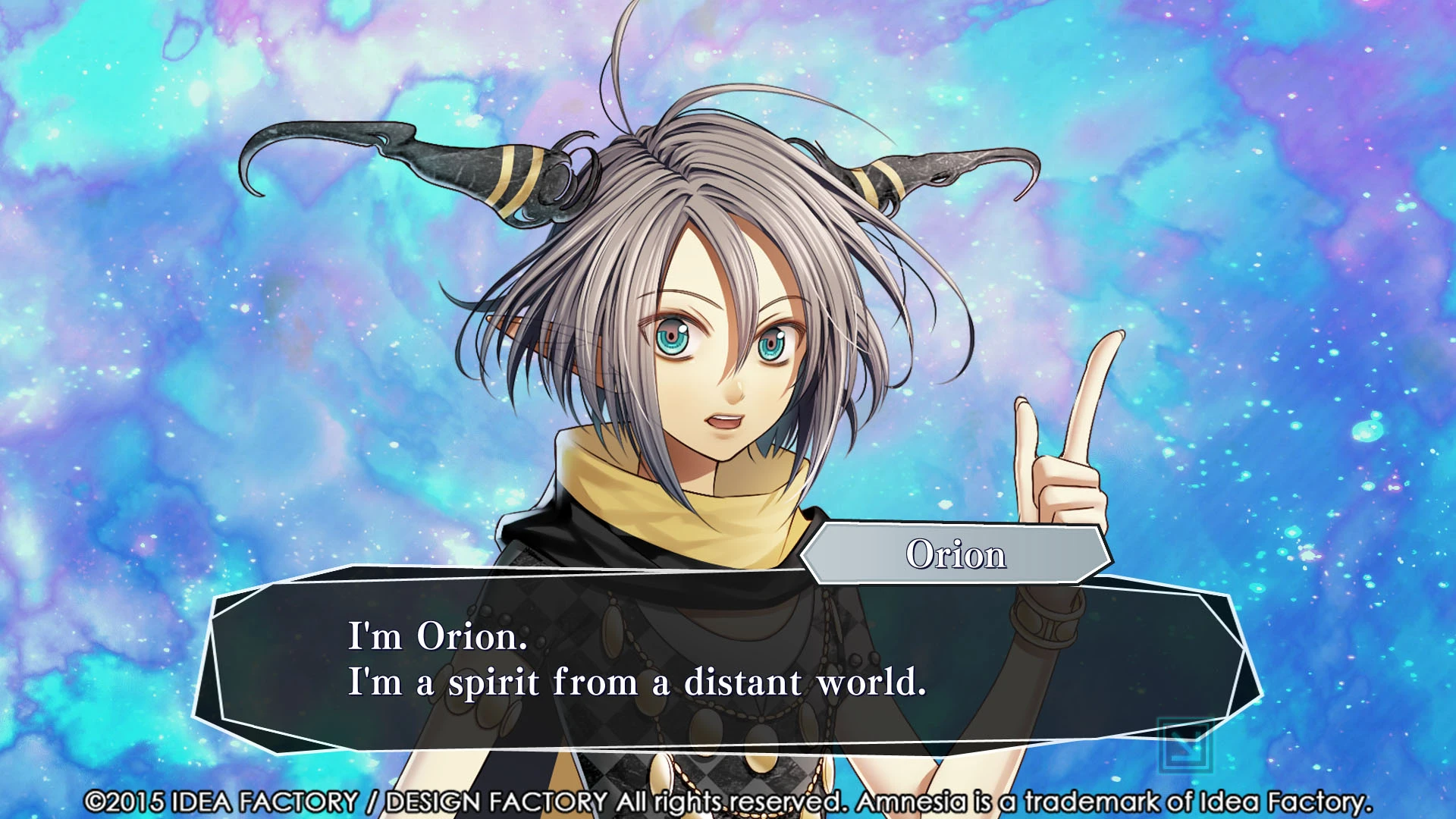 Orion gestures in a blue and purple space during a conversation in Amnesia: Memories.