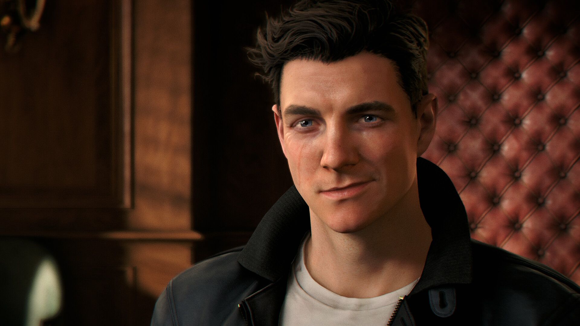 James Bond smiles while wearing a black leather jacket in a wood-paneled room.