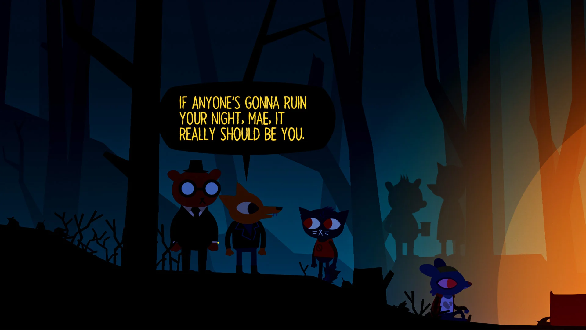 Characters speak in a dark forest in Night in the Woods.