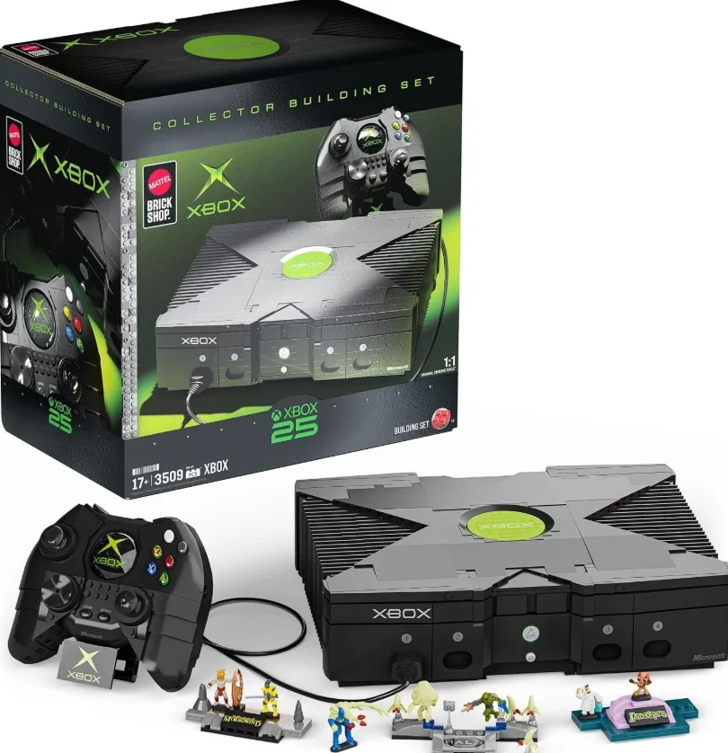 Mattel Brick Shop original Xbox building set shown with its box, Duke controller, and game-inspired figures.