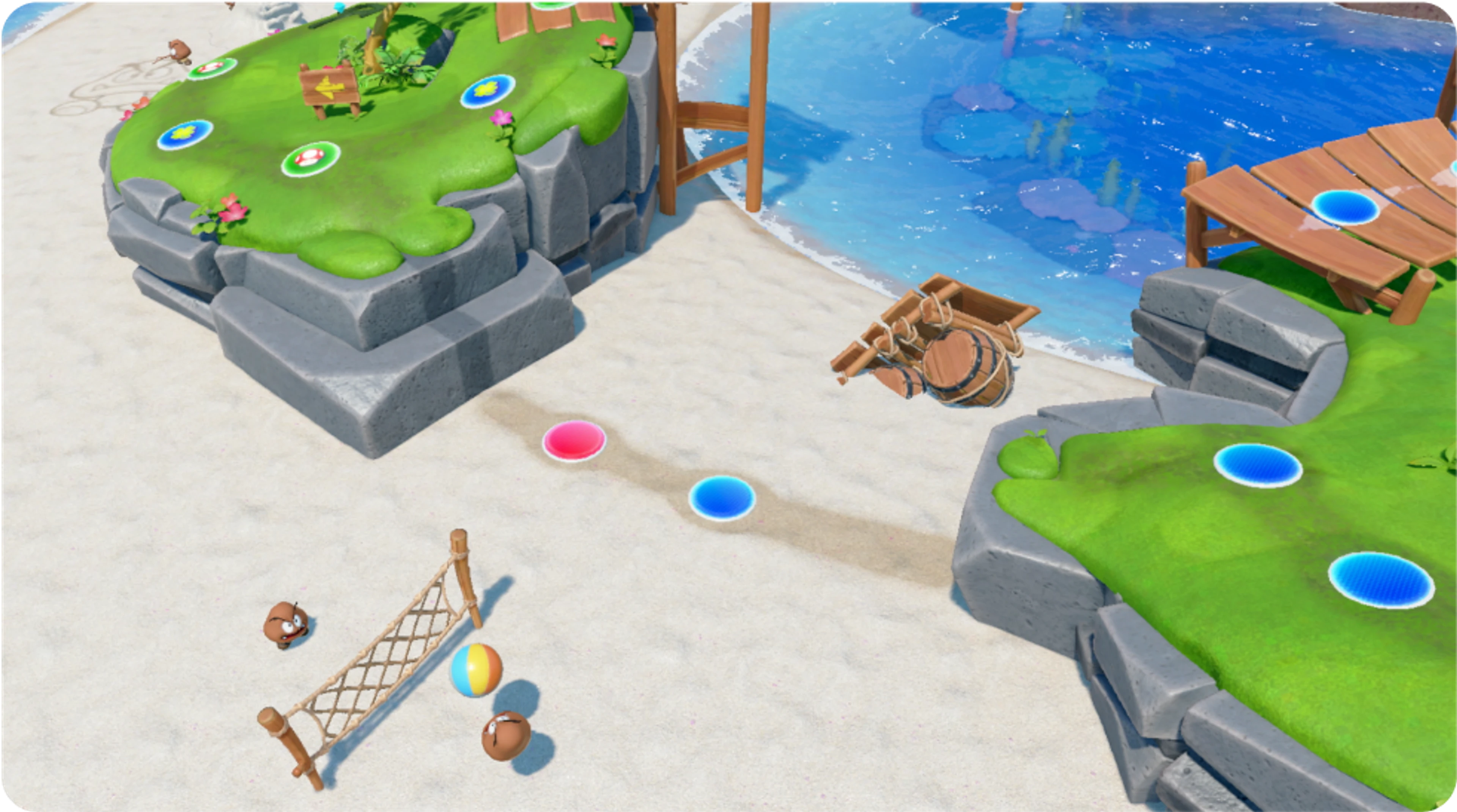 A Mario Party Jamboree board path runs between small islands over water.