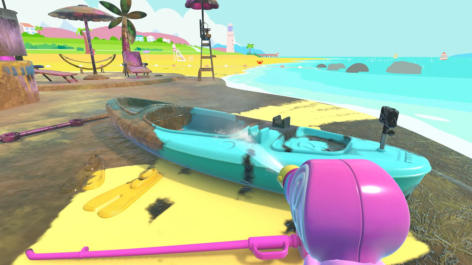 A pink power washer cleans a turquoise kayak on a sunny beach in the PowerWash Simulator 2 Barbie Pack.