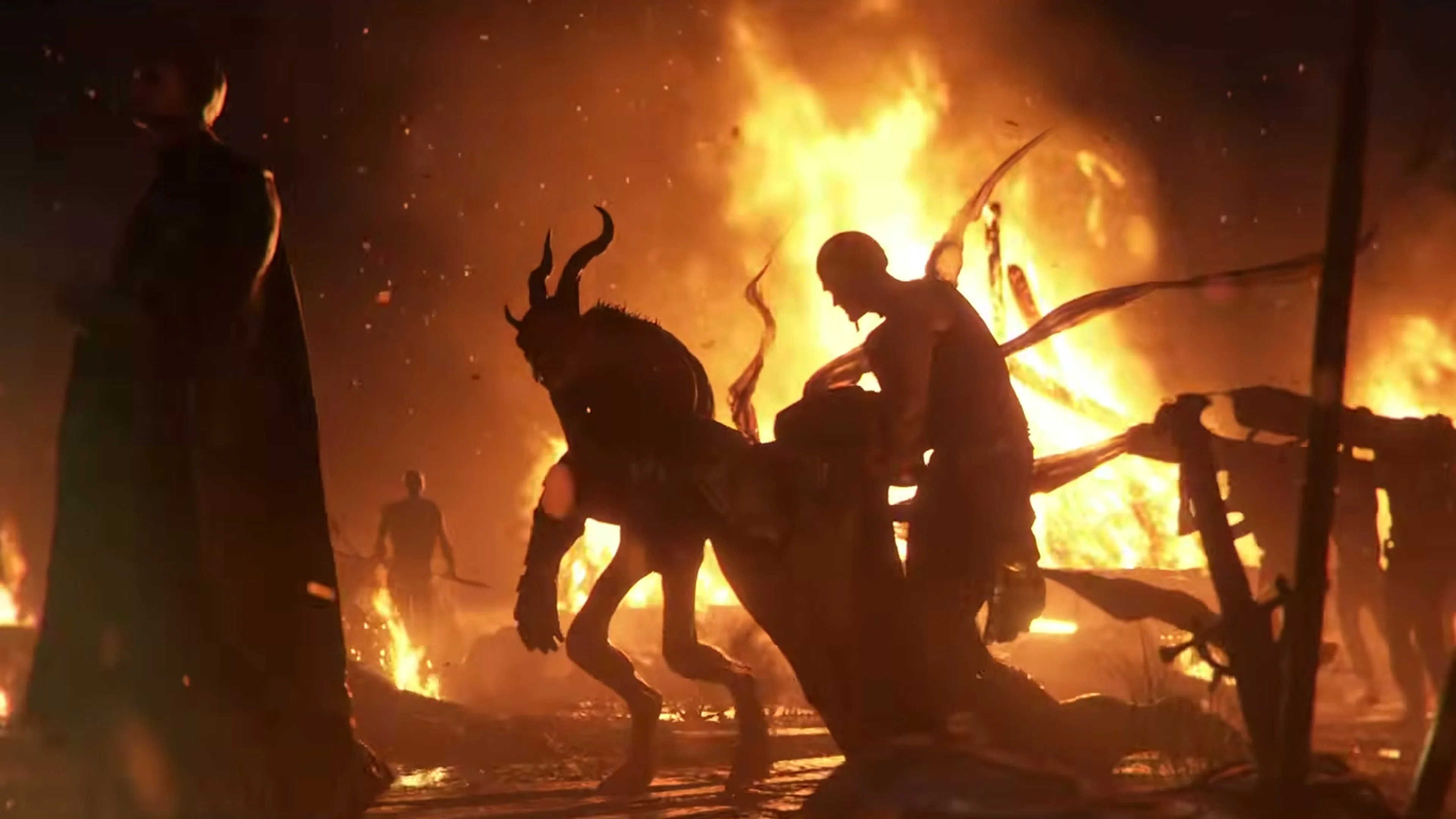 Horned and humanlike silhouettes move through a settlement engulfed in flames.