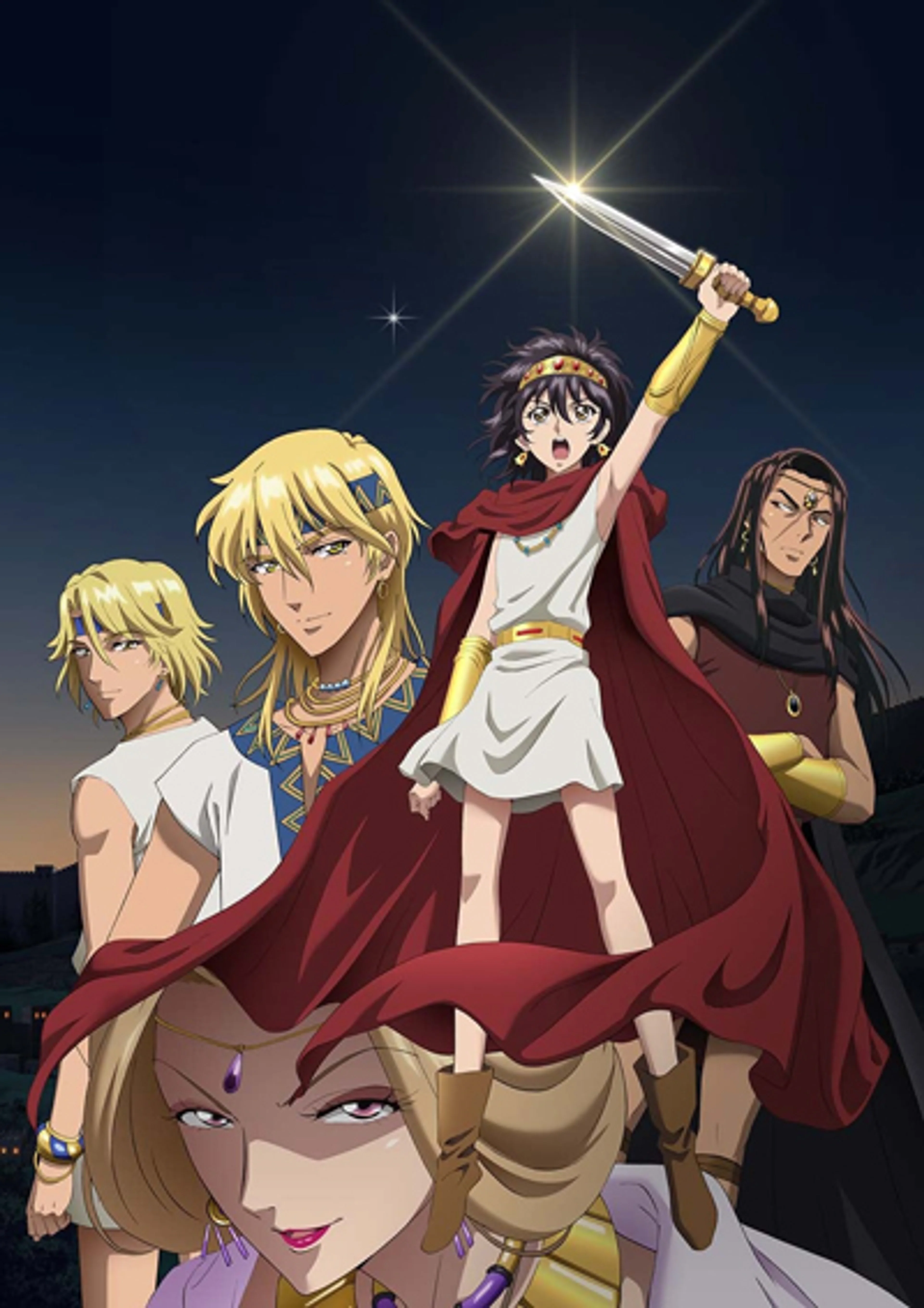 Yuri stands in her red cloak with her sword raised in the Red River anime key visual.