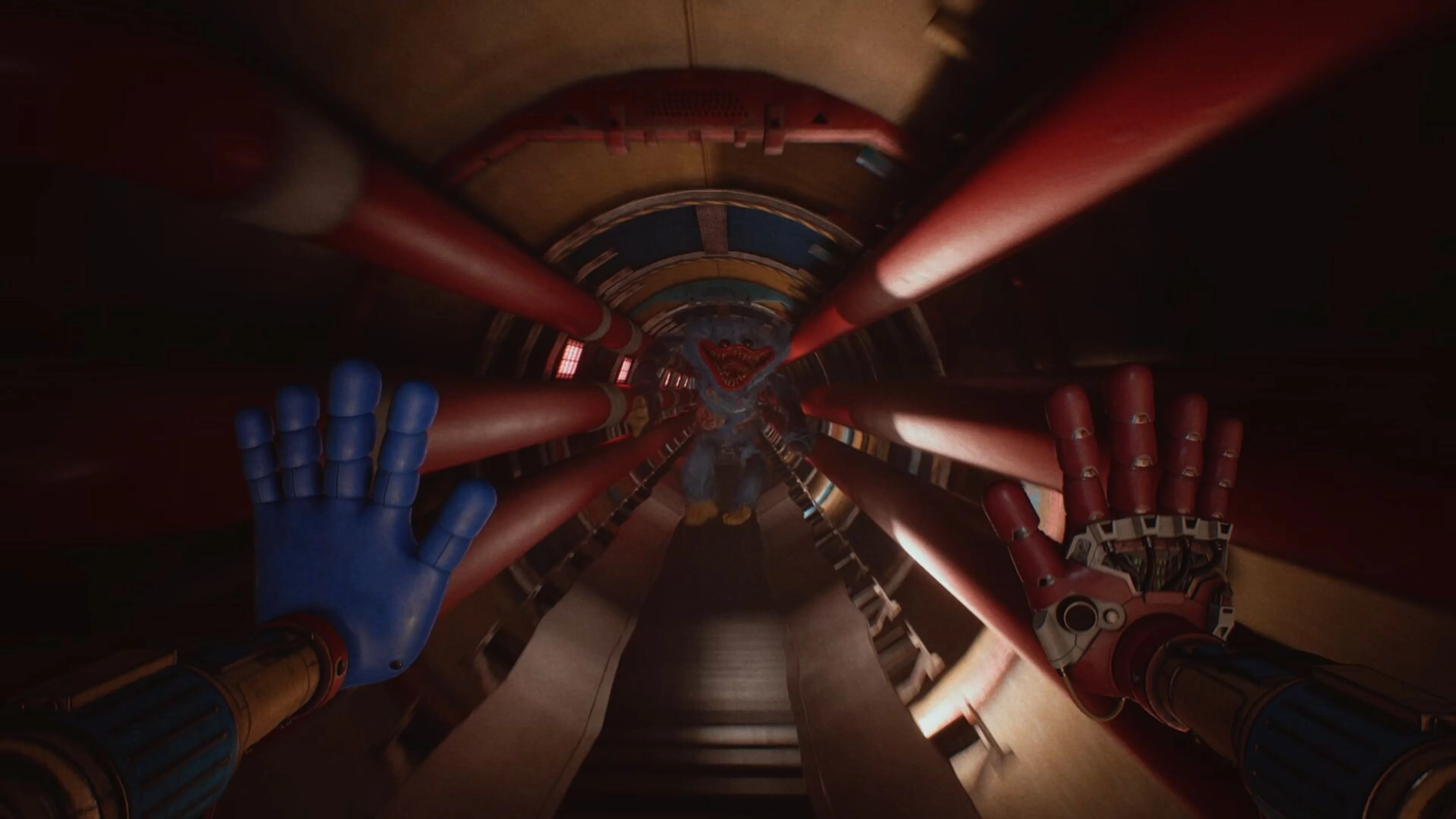 Huggy Wuggy advances through a red-lit tunnel in Poppy Playtime Chapter 5.