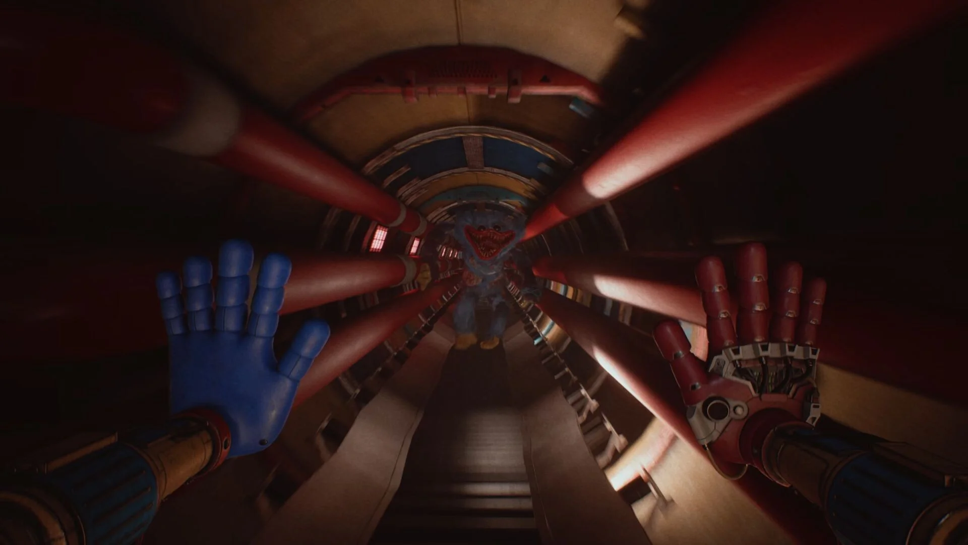 Huggy Wuggy advances through a red-lit tunnel in Poppy Playtime Chapter 5.