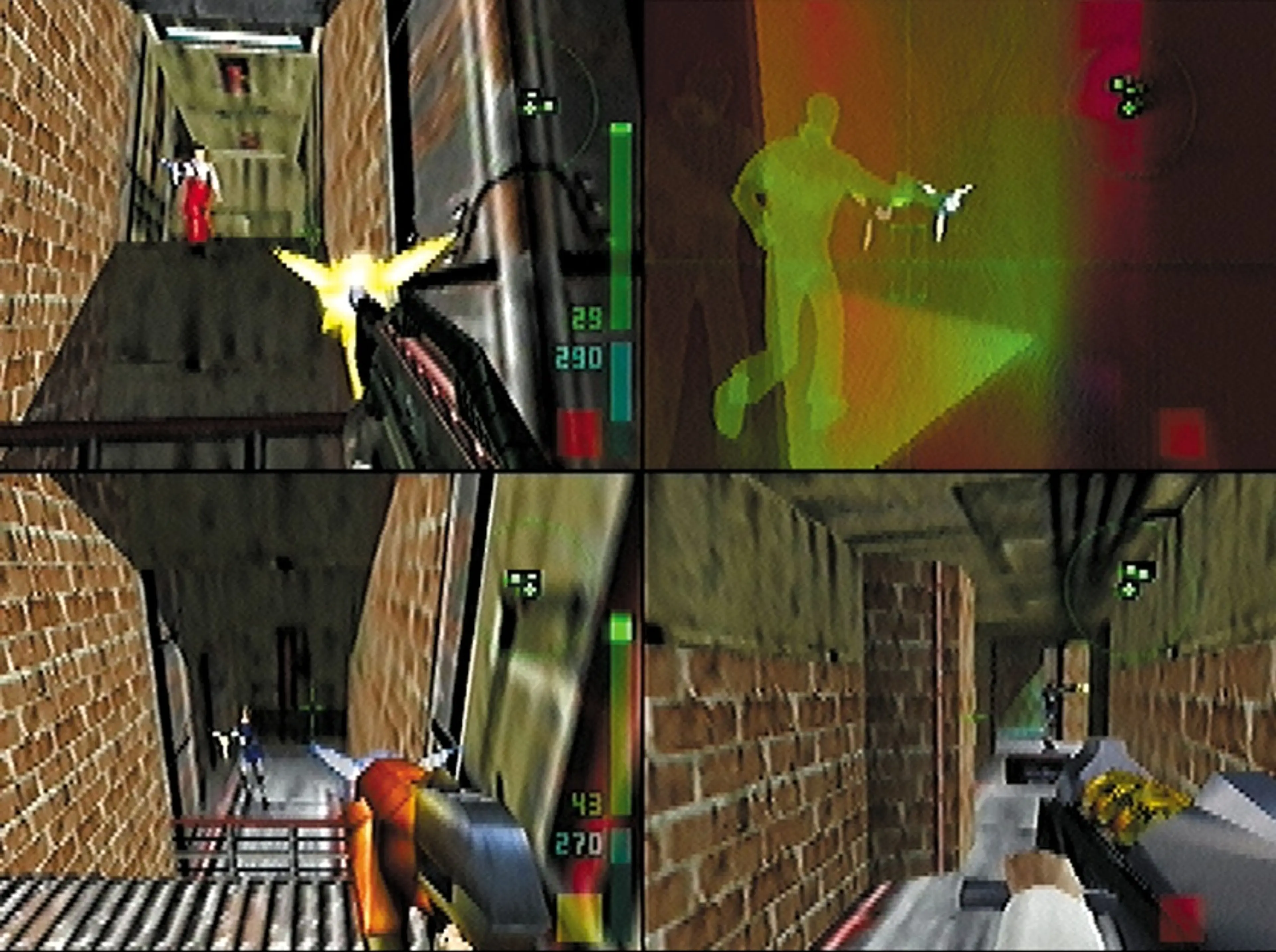Four-player split-screen combat in Perfect Dark.