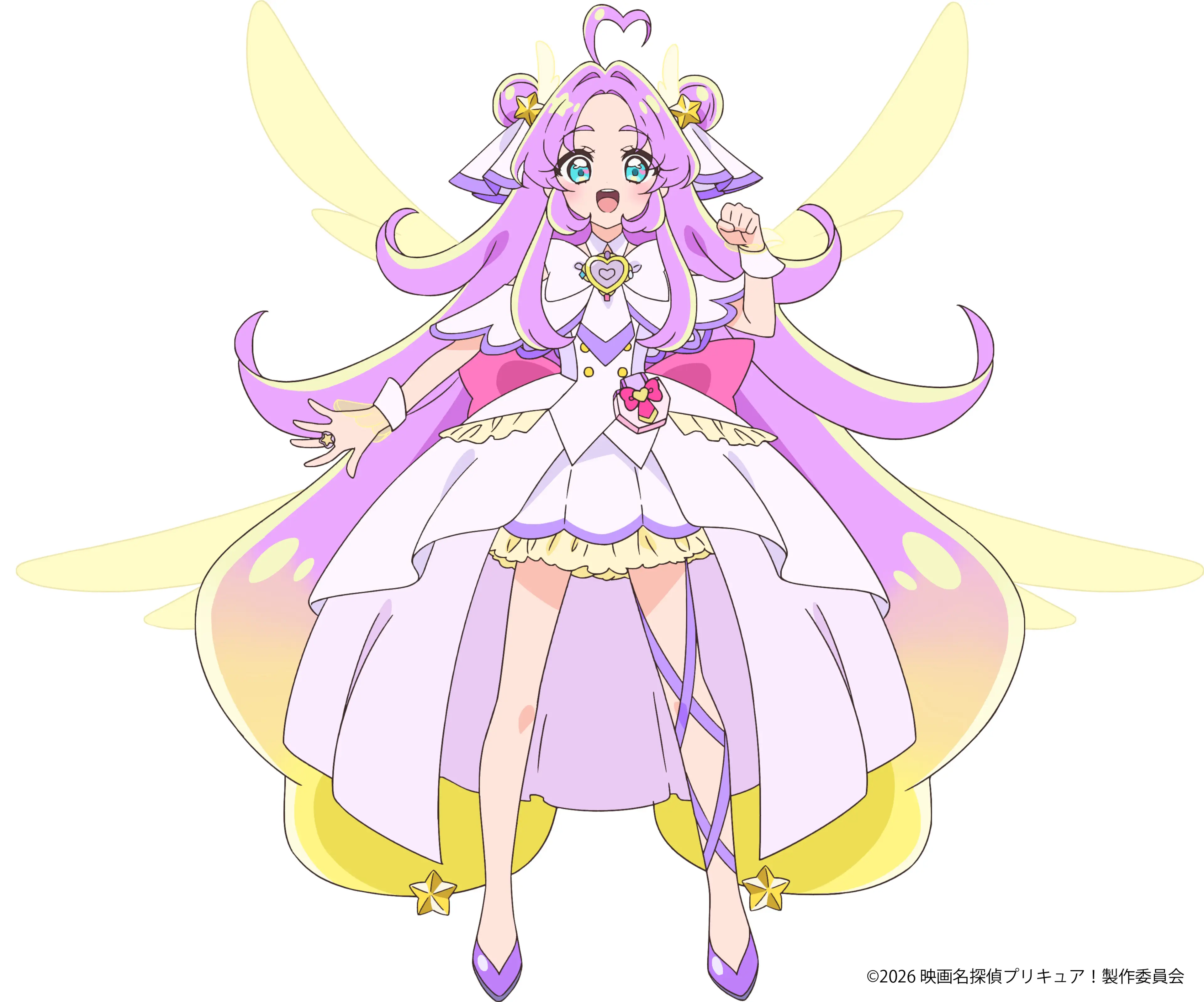 Cure Answer wears a pale lavender-and-white Future Form with translucent golden wings.