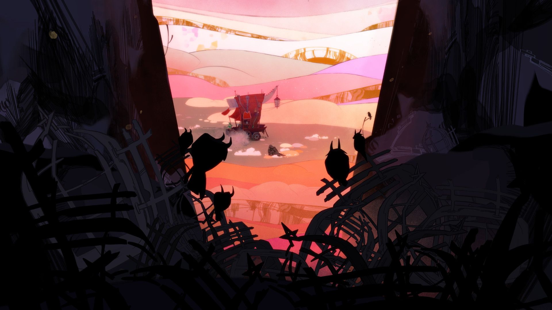 A red wagon crosses pale dunes framed by dark cliffs and silhouetted objects.