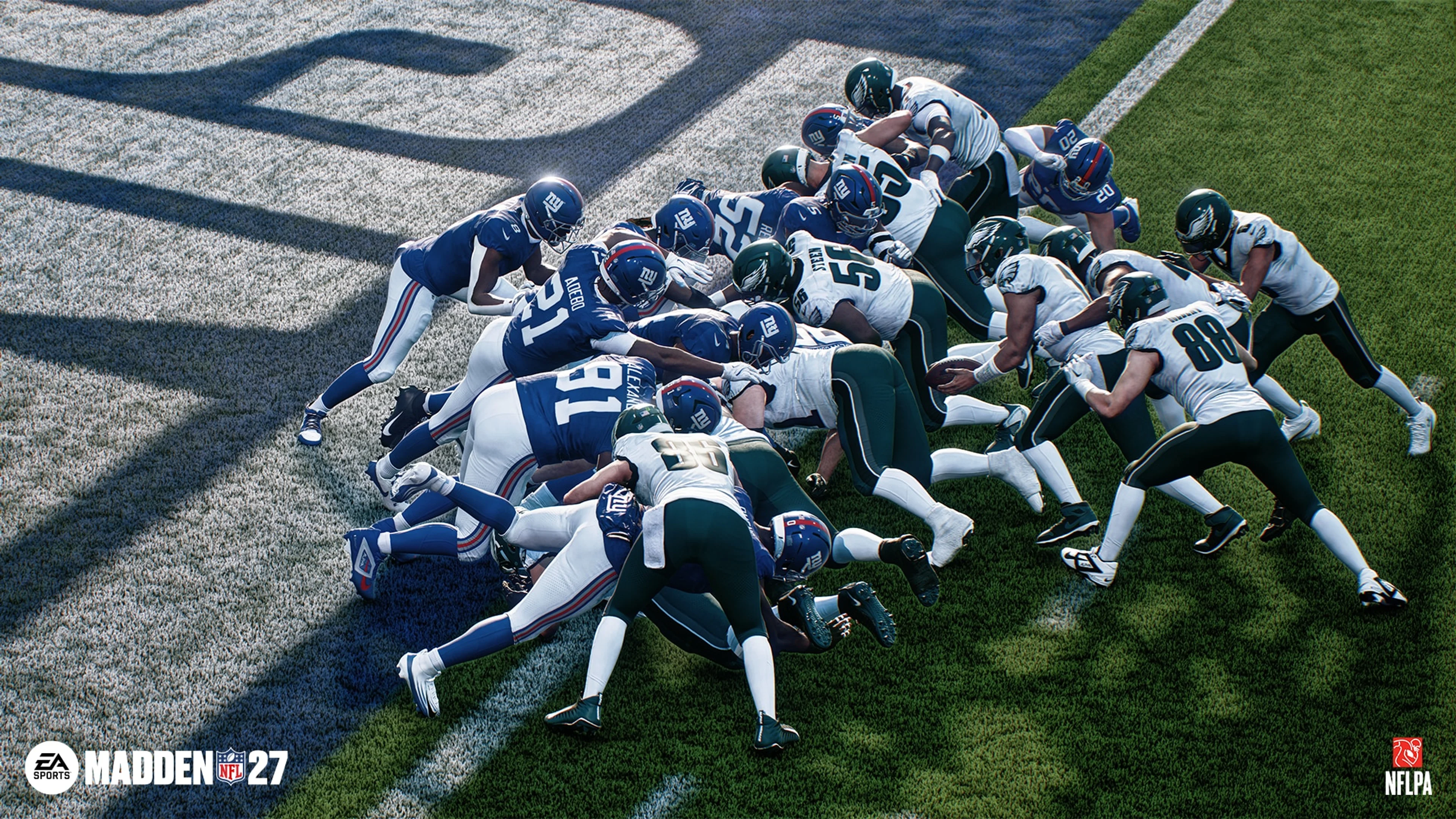 Philadelphia Eagles and New York Giants players collide at the goal line in Madden NFL 27.