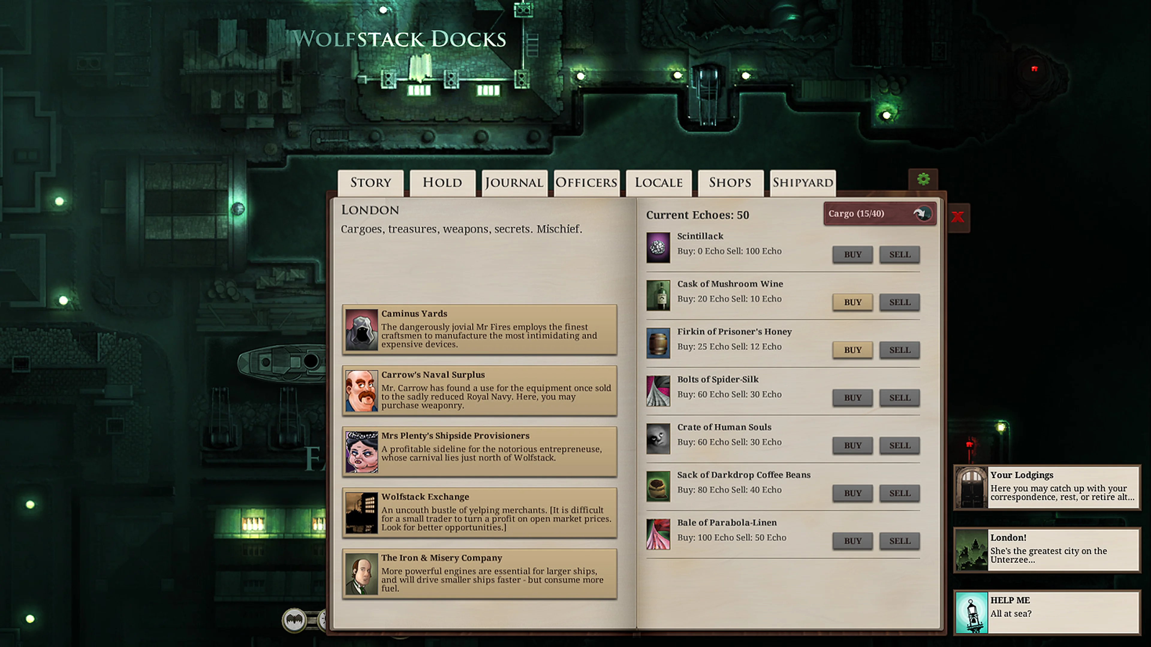 Official Sunless Sea PC screenshot of Wolfstack Docks: the SHOPS tab is on the top row and Mrs Plenty’s Shipside Provisioners appears as the third merchant on the left.