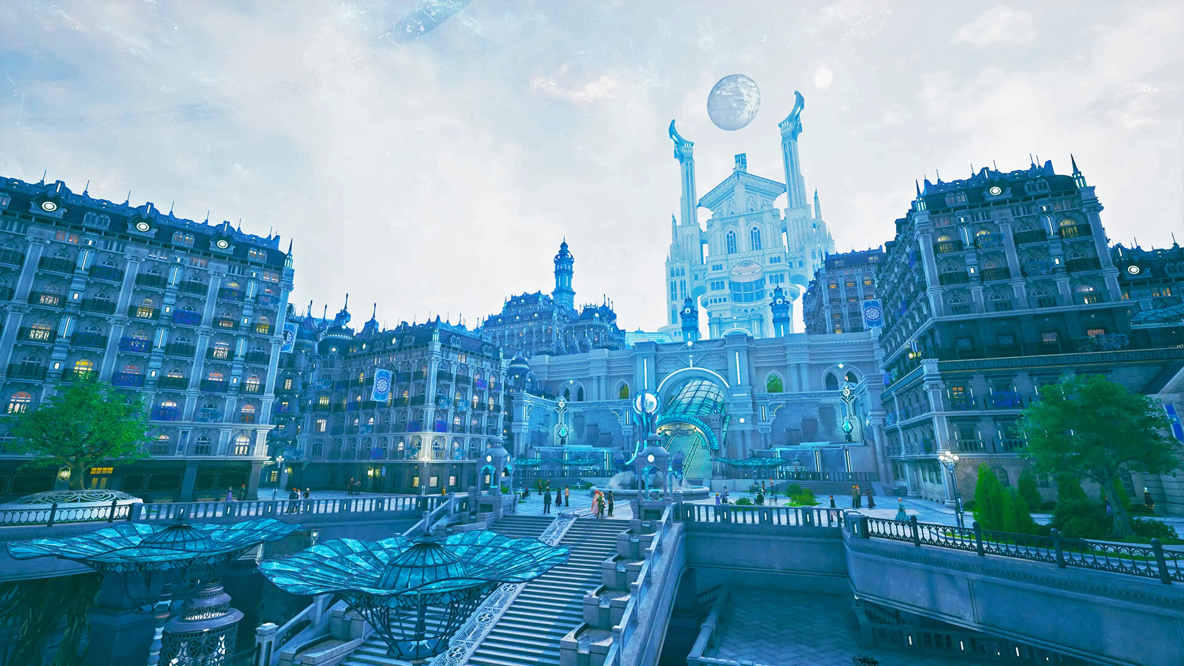 An ornate blue-white city rises around a monumental central building in Rev. NOiR.