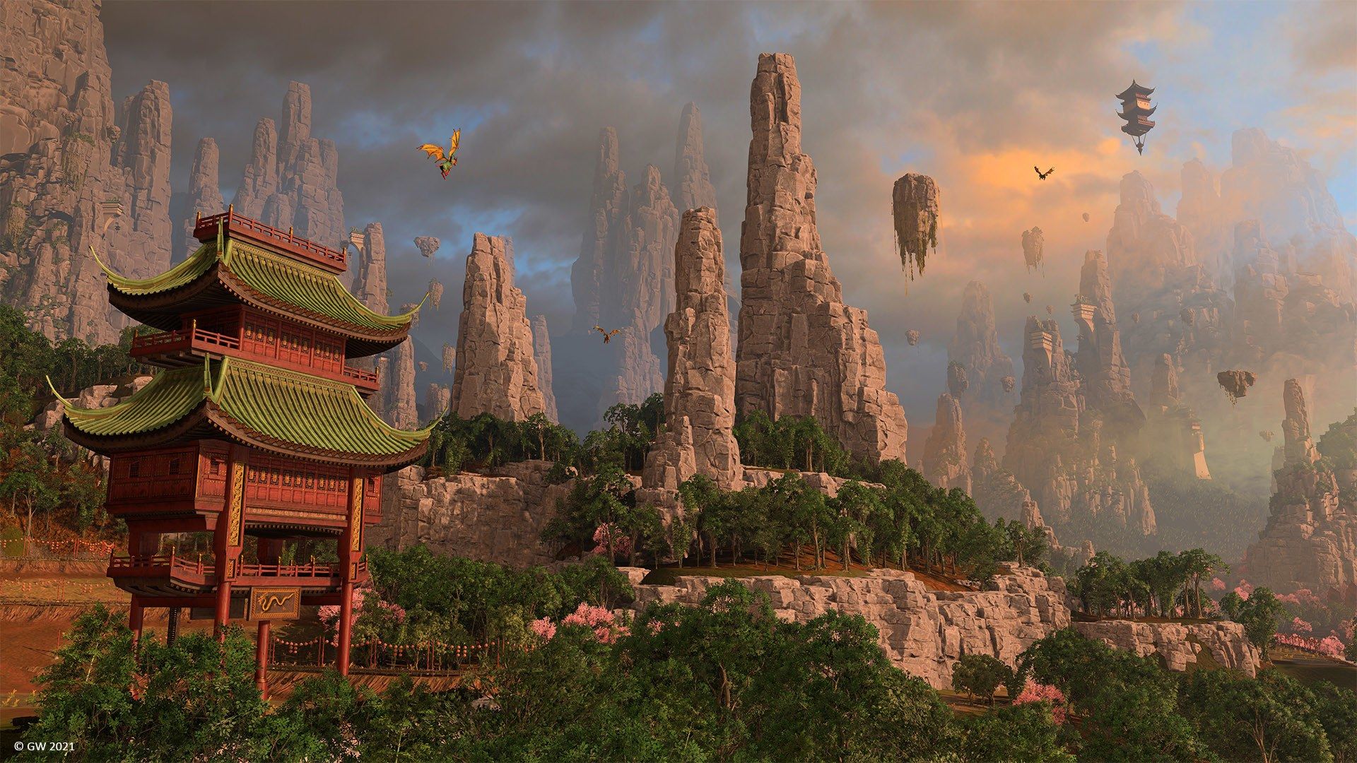 An army marches across a mountainous fantasy landscape.