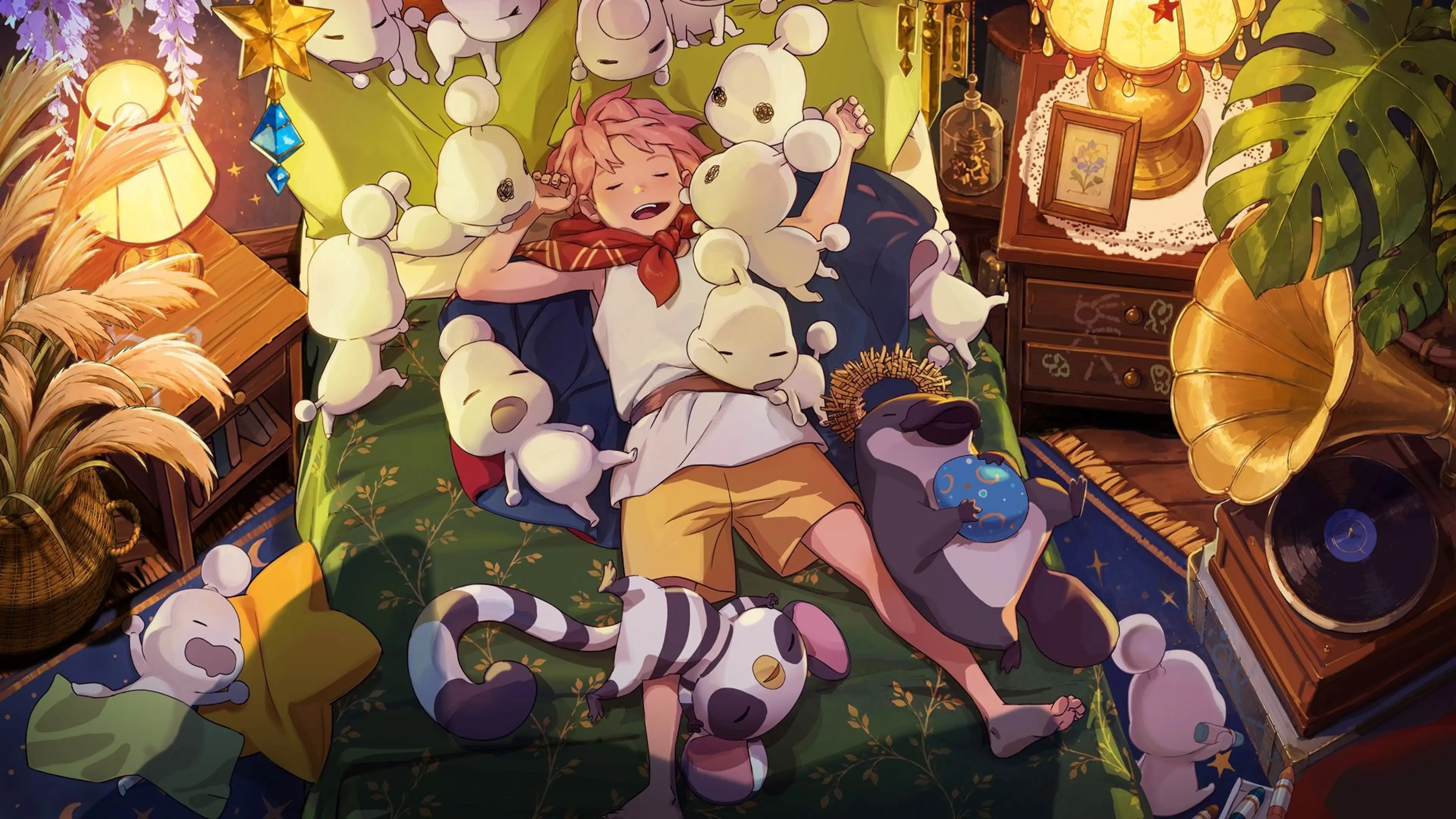 Bloomwalker traveler rests among small Higgledies in a warmly lit room.