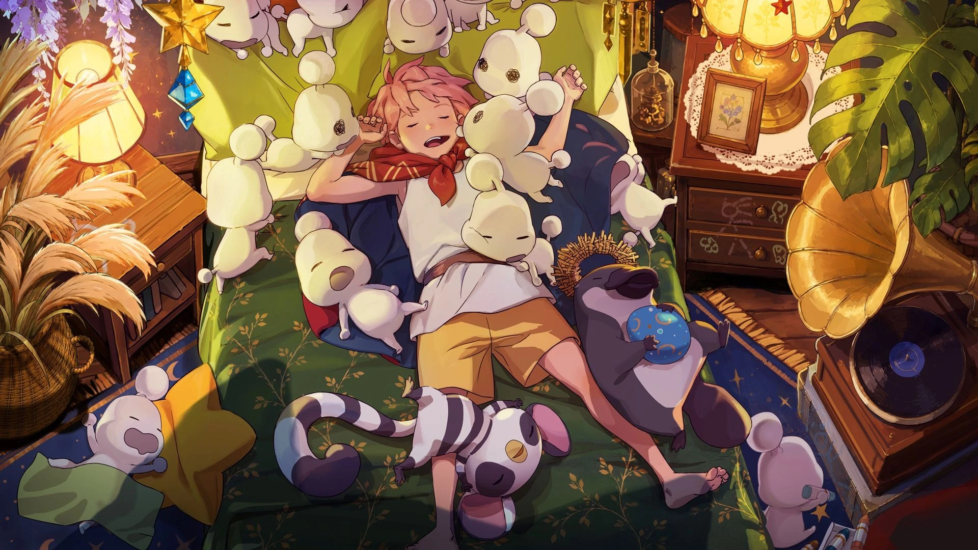 Bloomwalker traveler rests among small Higgledies in a warmly lit room.