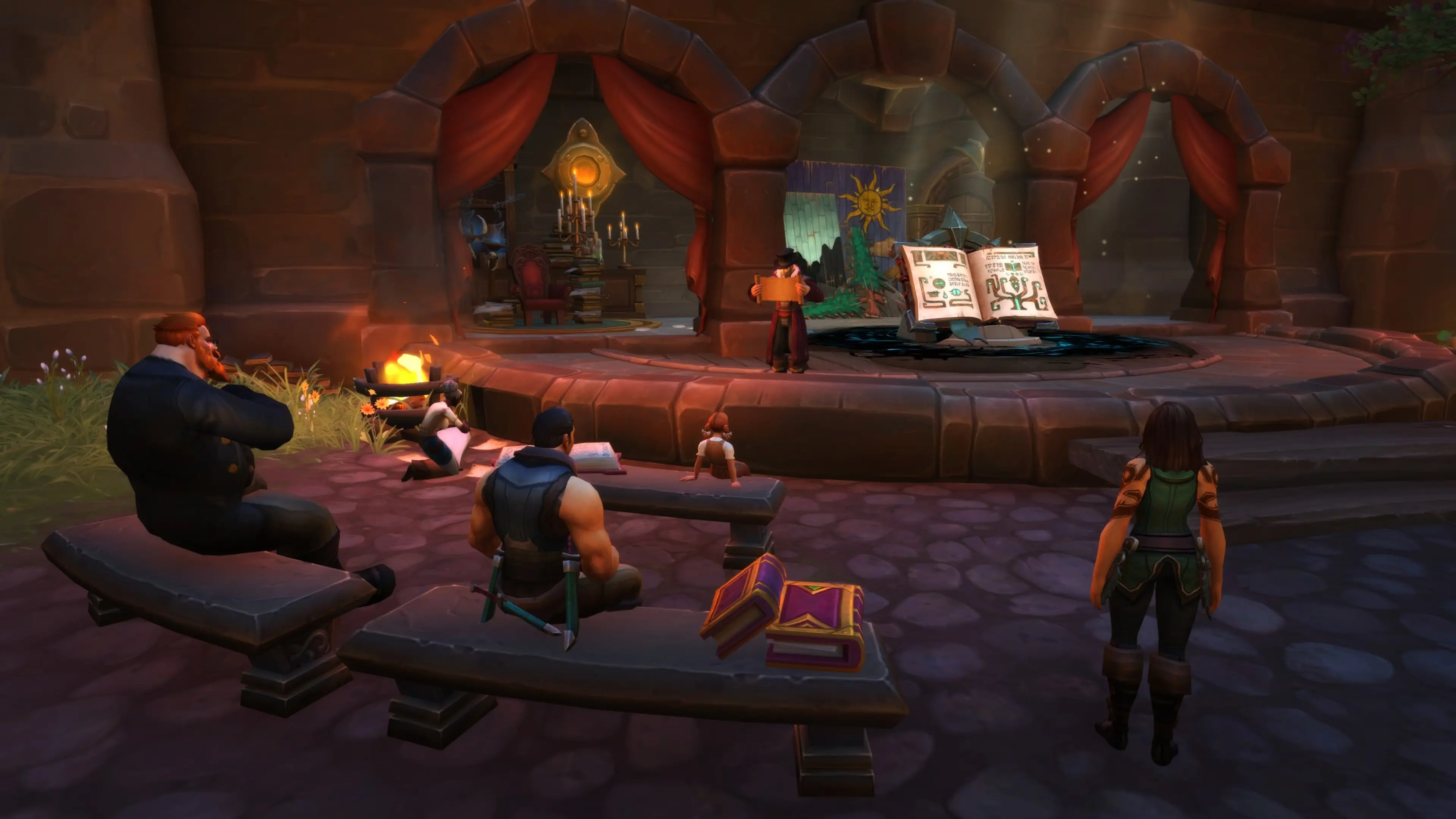World of Warcraft adventurers sit around a campfire facing the Storyteller and an open book in Talebound.