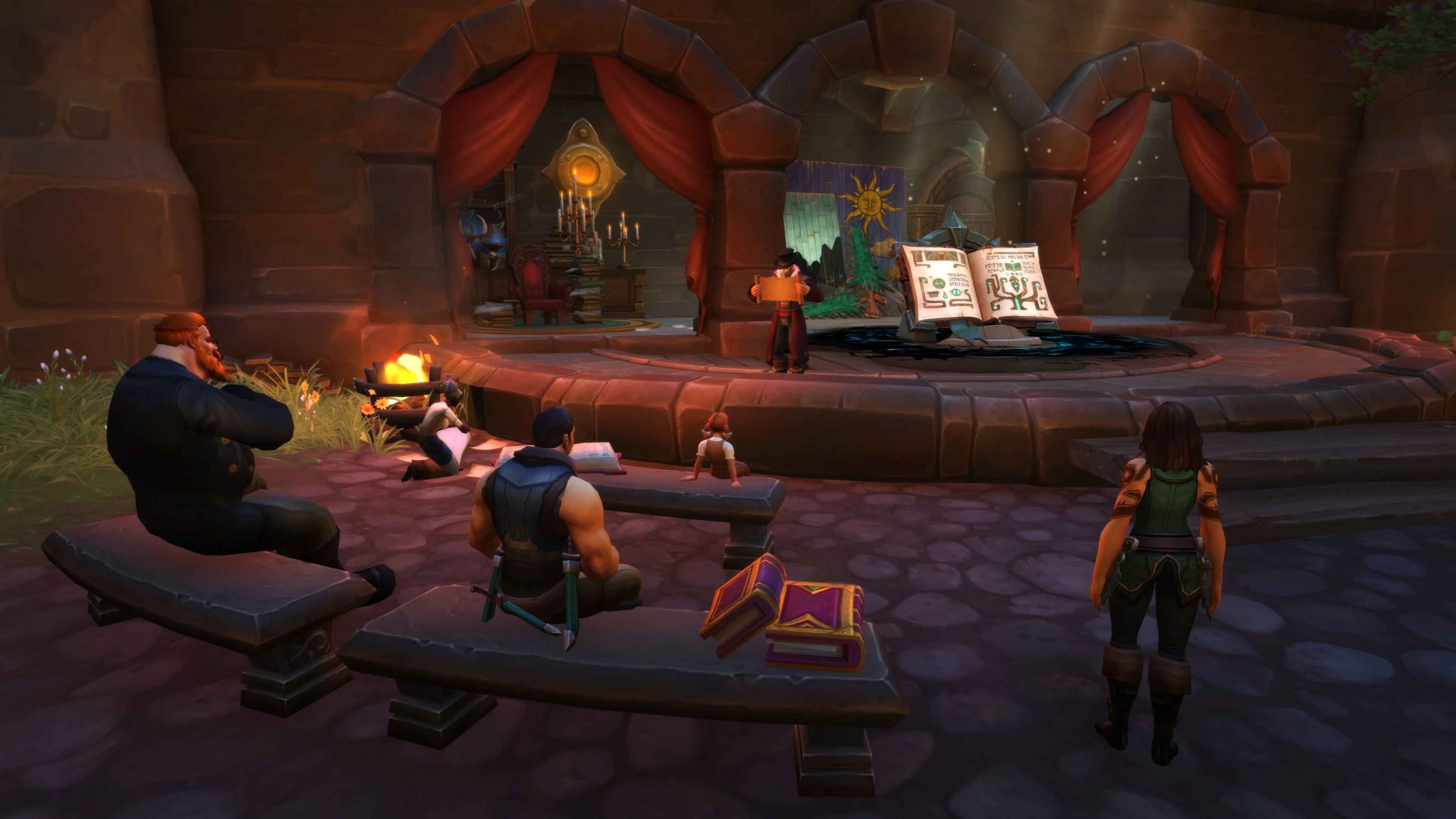World of Warcraft adventurers sit around a campfire facing the Storyteller and an open book in Talebound.