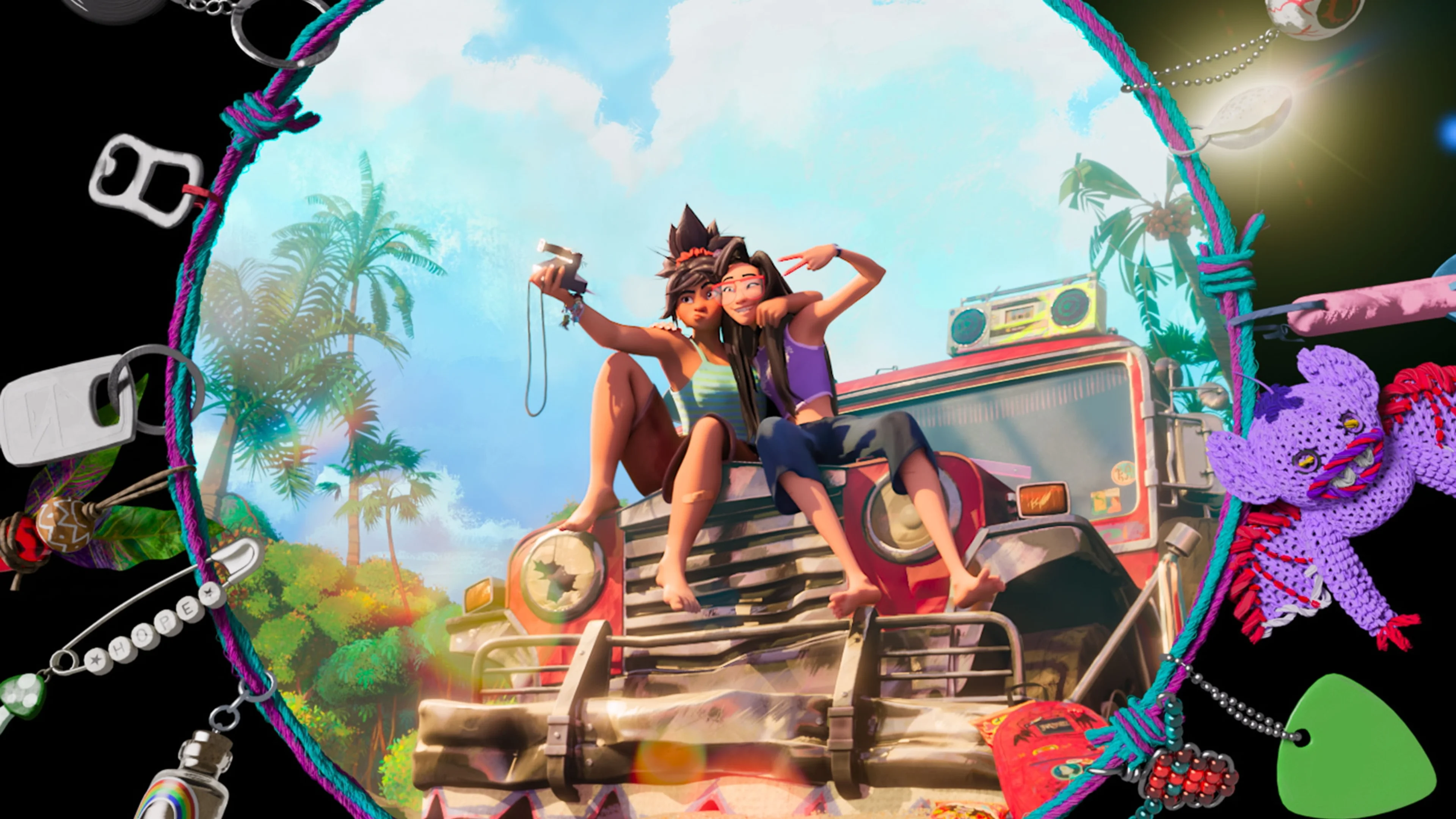 Jo and Raissa pose on a jeepney in an official Forgotten Island promotional image.
