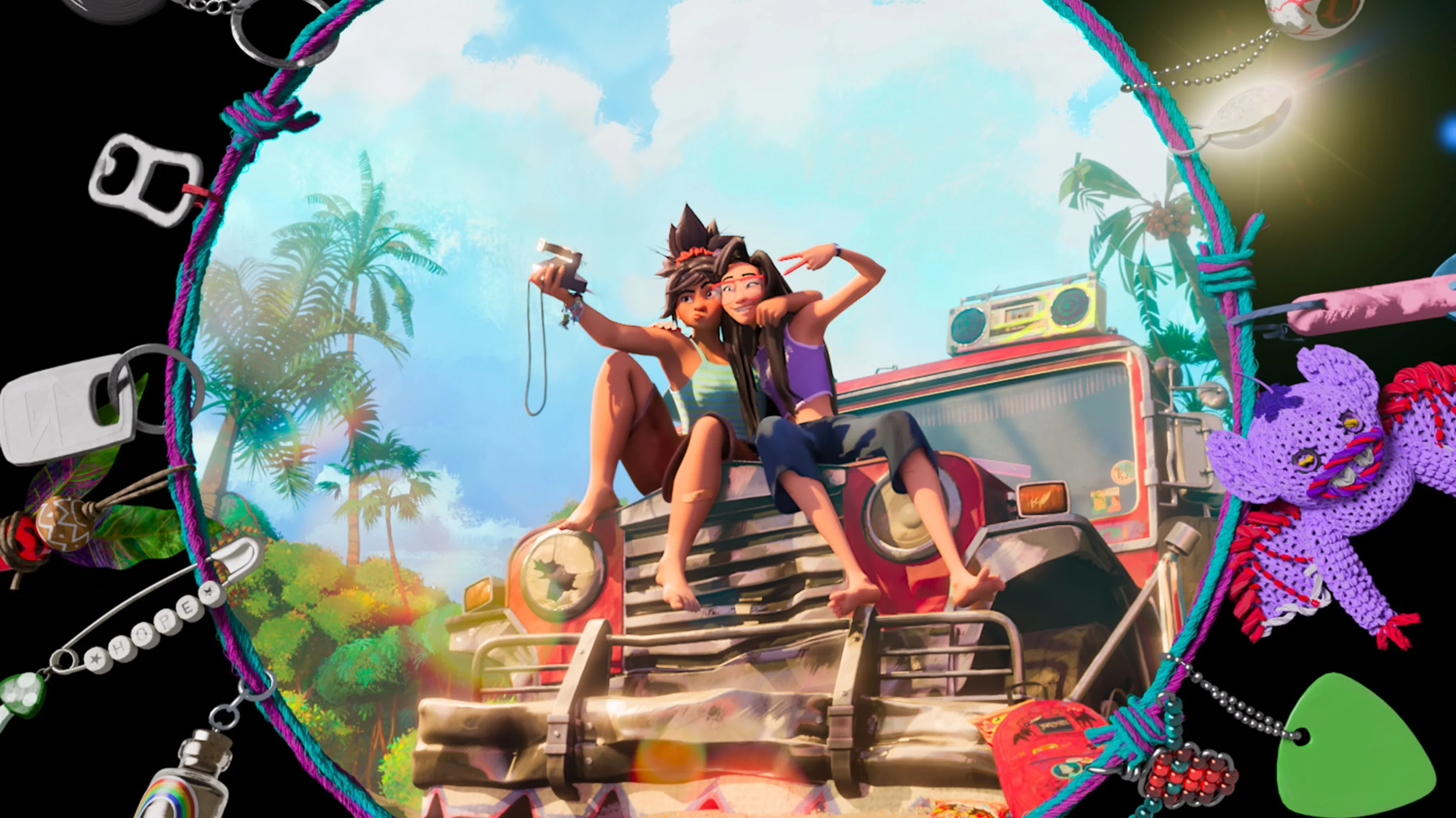 Jo and Raissa pose on a jeepney in an official Forgotten Island promotional image.