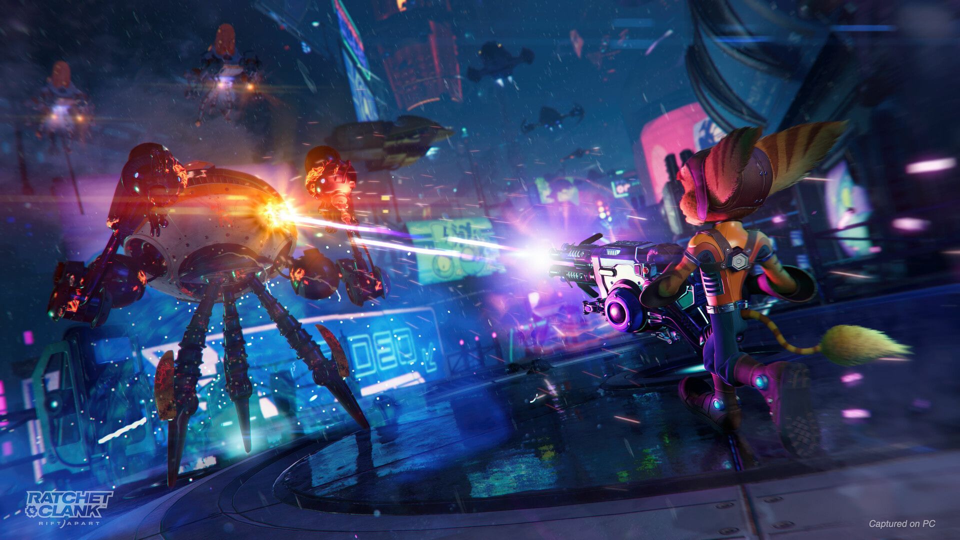 Ratchet uses a ranged weapon during a fight on a city platform. Official PC image.
