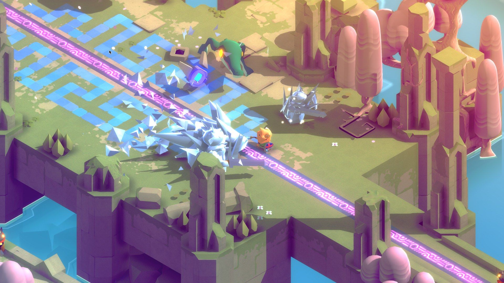 The fox moves through colorful ruins and hidden paths.