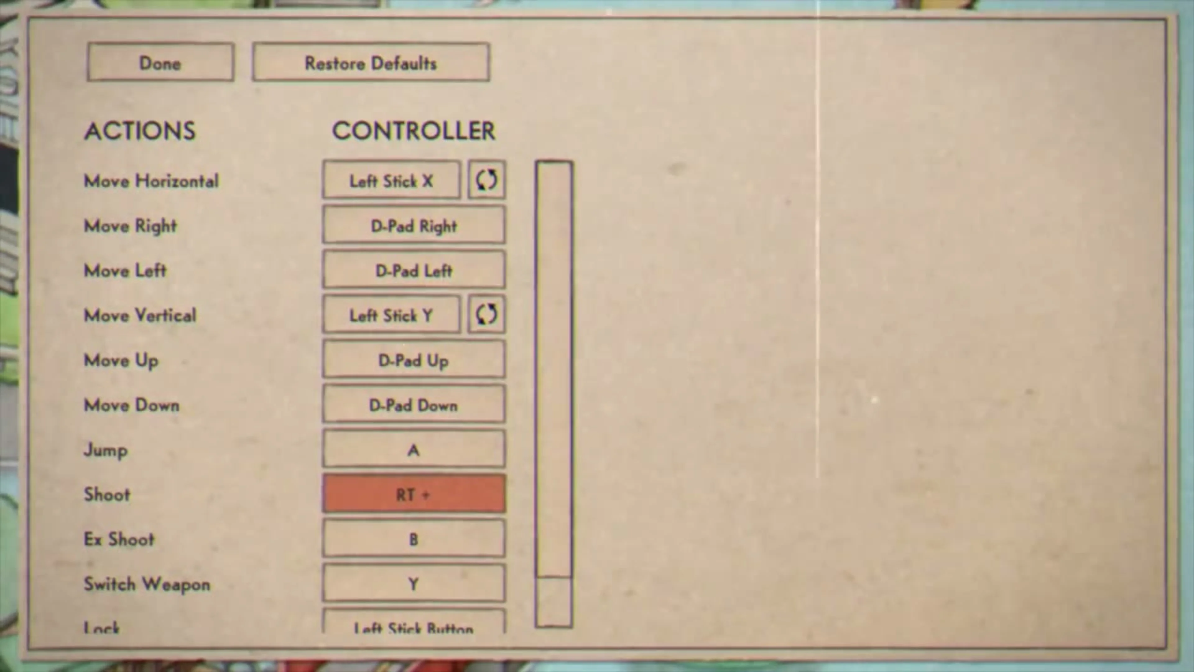 The Xbox control screen lists Actions at left and the assigned Controller buttons at right, including Jump, Shoot, EX Shoot, Switch Weapon and lower actions.